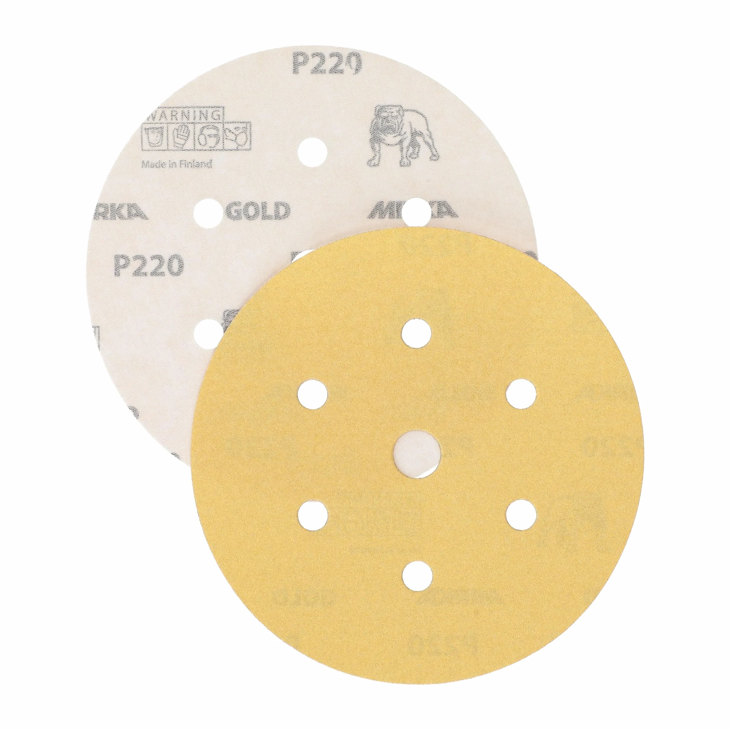 Mirka Gold uniwersalne krążki ścierne z papieru ściernego Ø 150mm / rzep / 7 otworów / P220 / 100 szt/Do szlifowania tynku, szpachli, płyt wiórowych, drewna, lakierów.