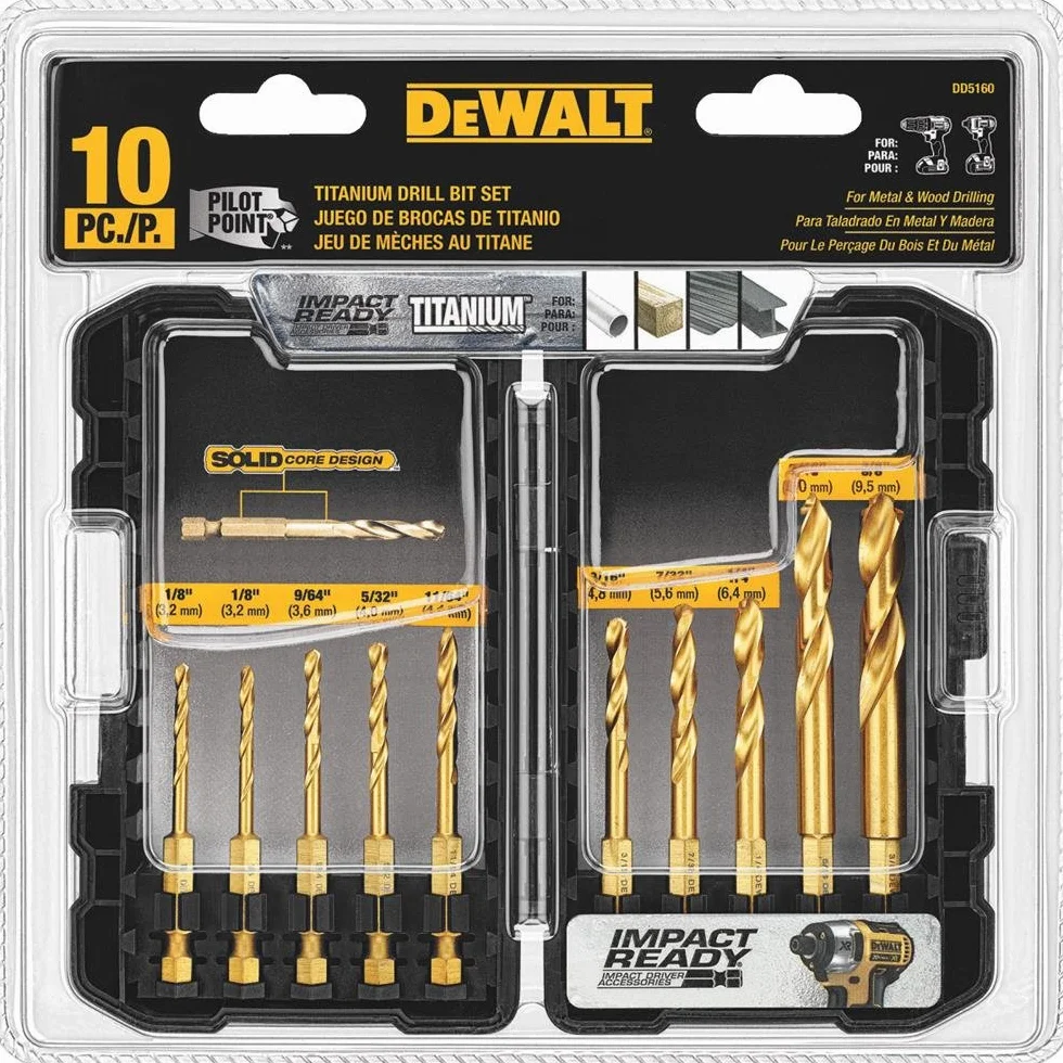 DEWALT DD5160 Impact Ready 10-częściowy zestaw wierteł tytanowych