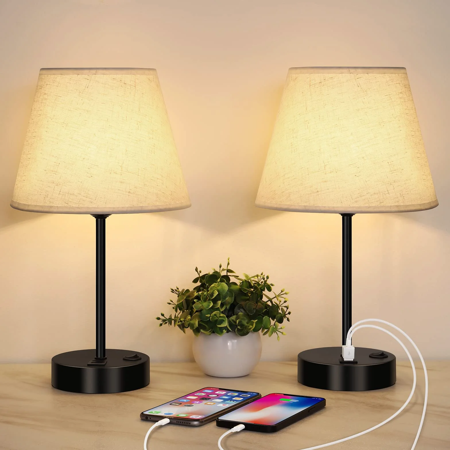 Zestaw 2 lamp nocnych LIANTRAL z 2 gniazdami USB, E27, nowoczesna lampa stołowa z metalową podstawą i abażurem z tkaniny, lampka nocna do sypialni, salonu, biura