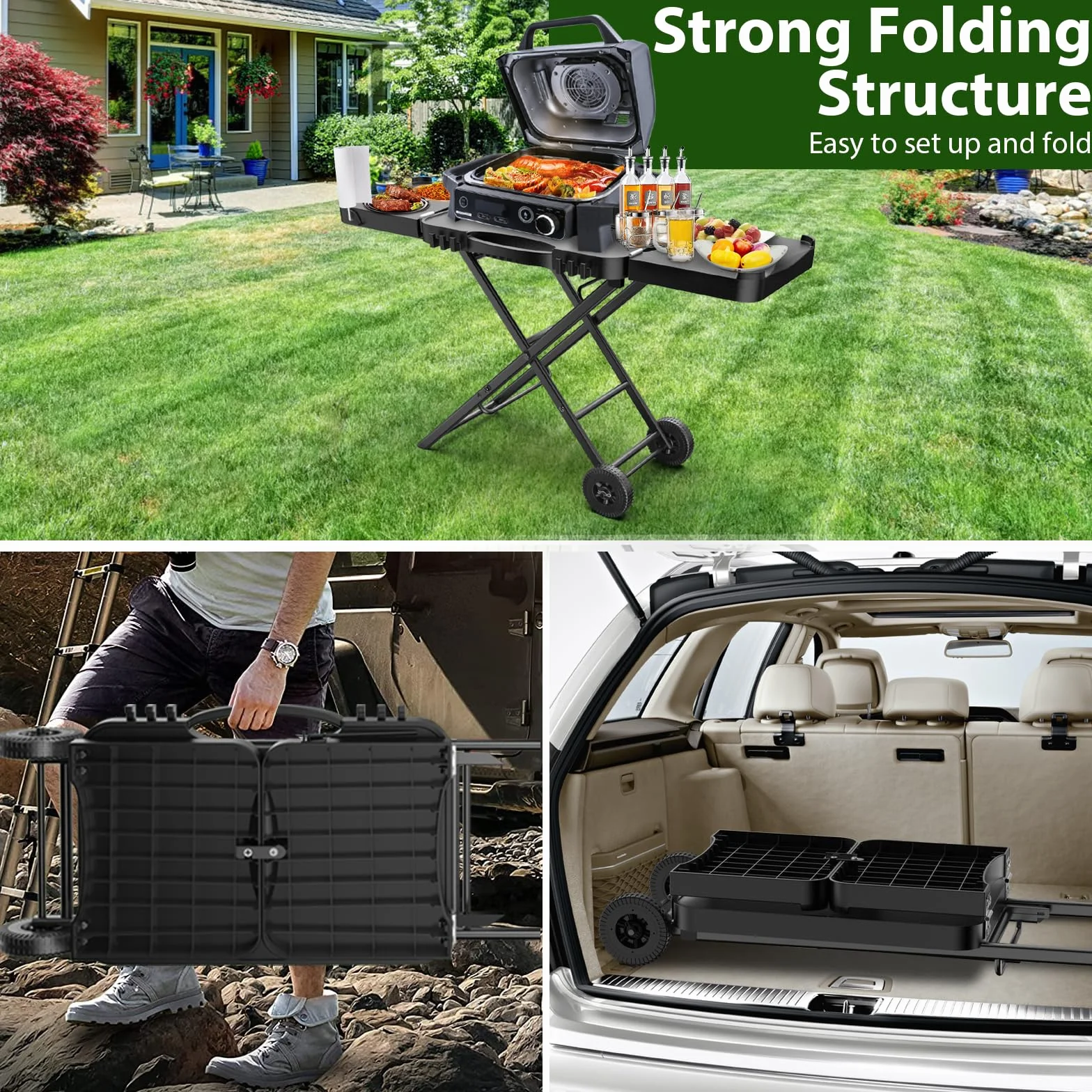 Przenośny zewnętrzny wózek stołowy do grilla Ninja Woodfire Outdoor Grill (seria OG700 OG900), 130 cm duża przestrzeń, składany stół kempingowy do grilla Blackstone Griddle/Onni Pizza, 2 kółka