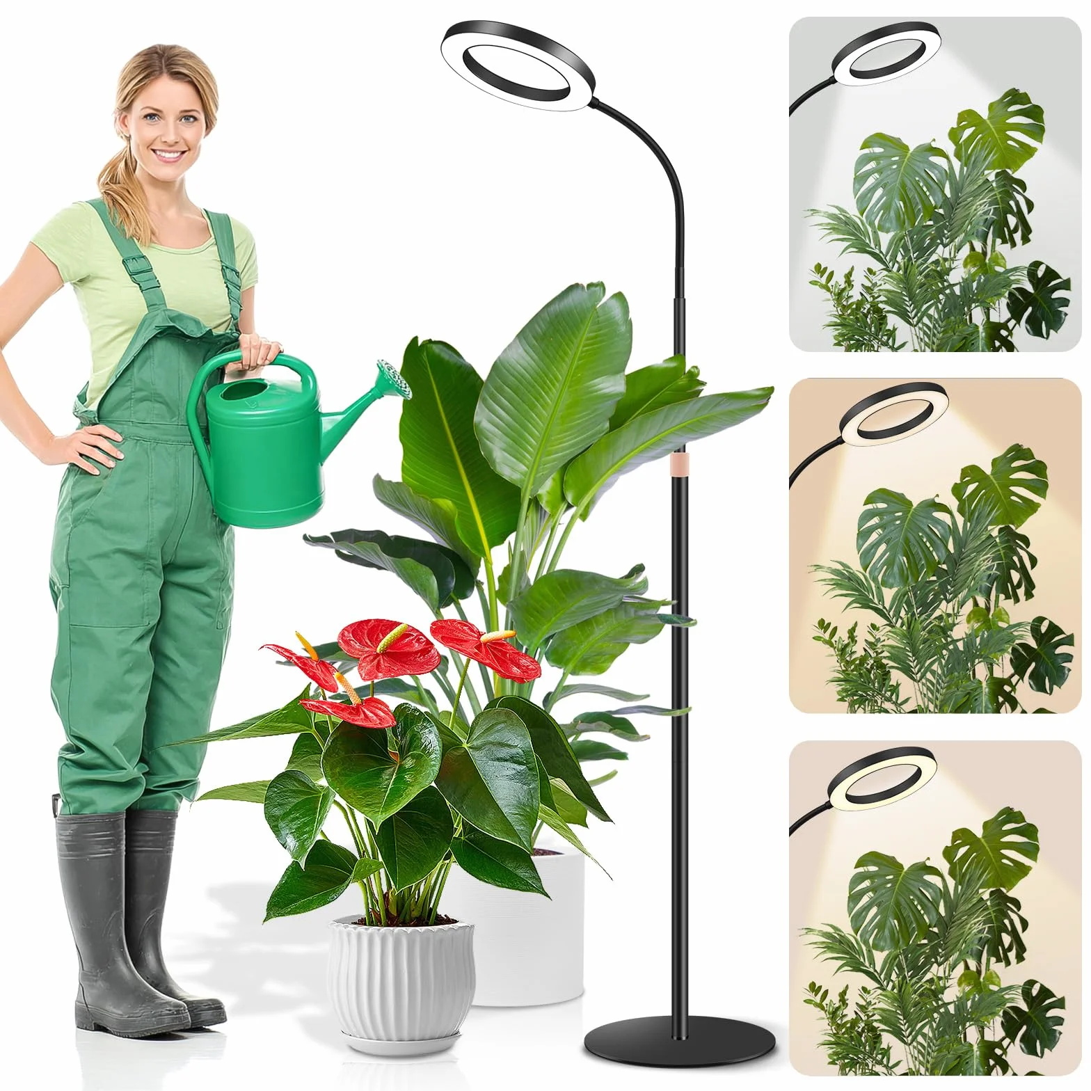 Dhapy Lampa LED do uprawy roślin pokojowych, z podstawką, 80 diod LED, 3 tryby świecenia i 5 jasności, lampa do roślin z timerem 6/12/16H, 58 cm~170 cm, regulacja wysokości