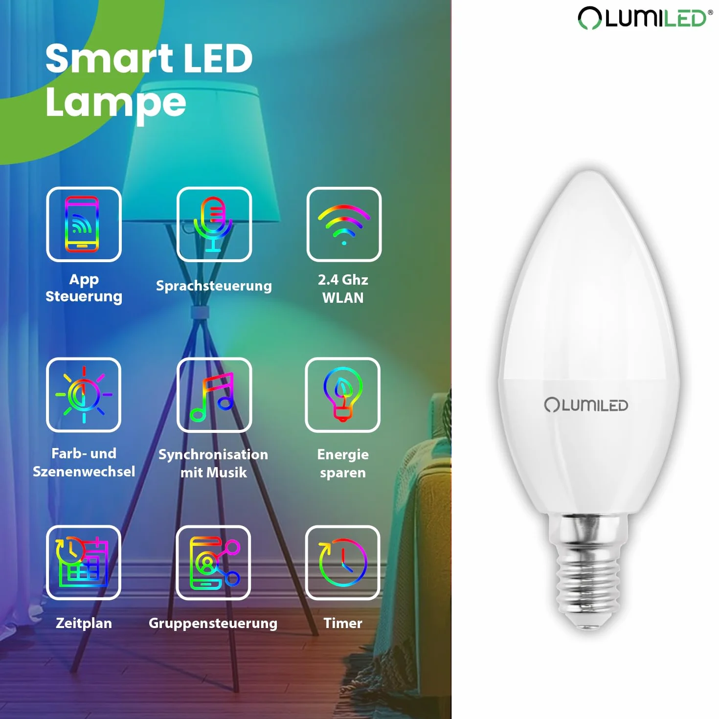 Lumiled Smart SAYO B35 żarówka LED E14 5 W (40 W) 450 lm, Wi-Fi, ściemniana, wielokolorowa, RGBW, Wi-Fi, timer, Smart Home, 16 mln kolorów, sterowanie za pomocą aplikacji, kompatybilna z Amazon Alexa