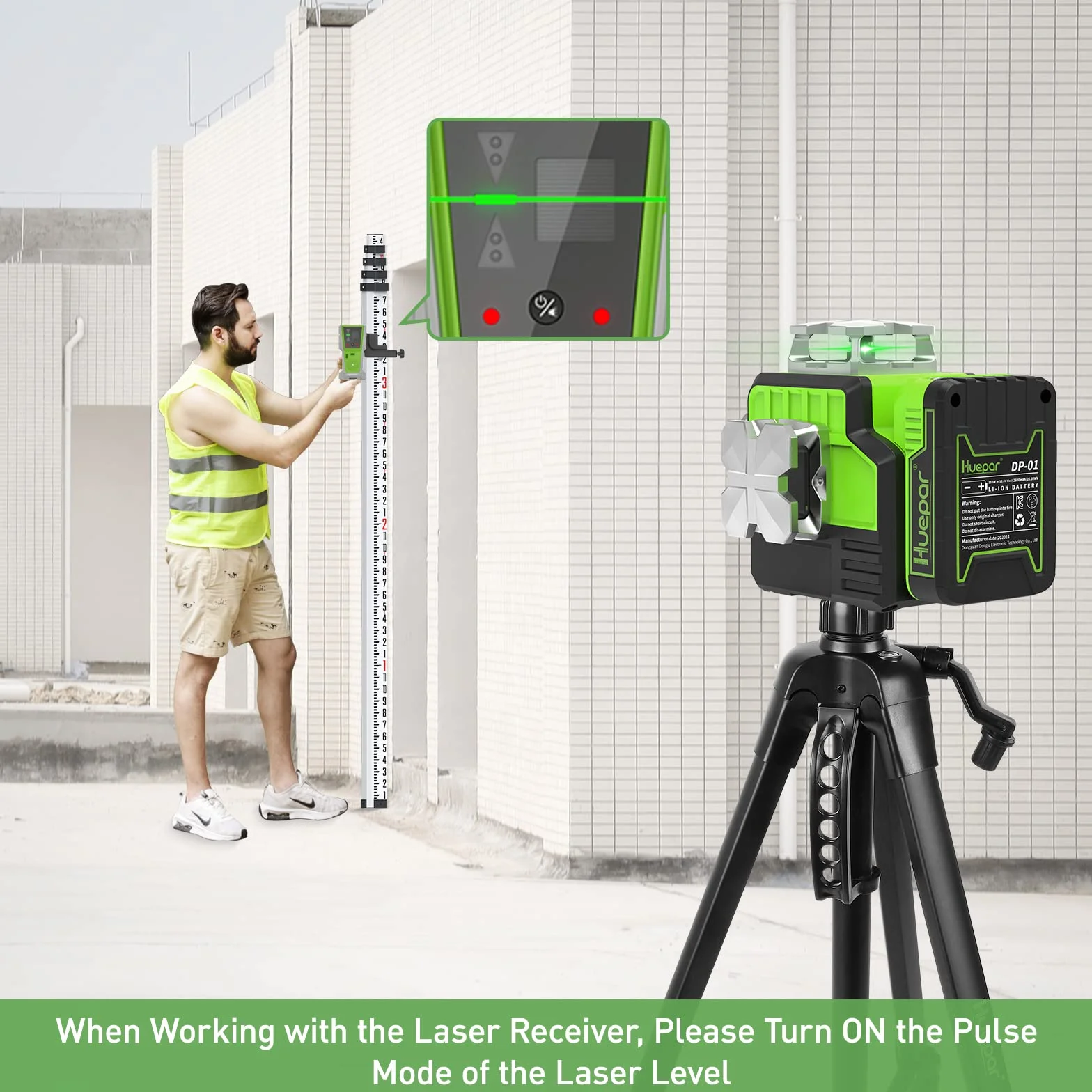 Detektor laserowy Huepar LR-8RG do poziomowania laserowego, cyfrowy odbiornik laserowy dla zielonej i czerwonej wiązki, dwustronny wyświetlacz LED i magnes, podwójna lampa i brzęczyk 90dB