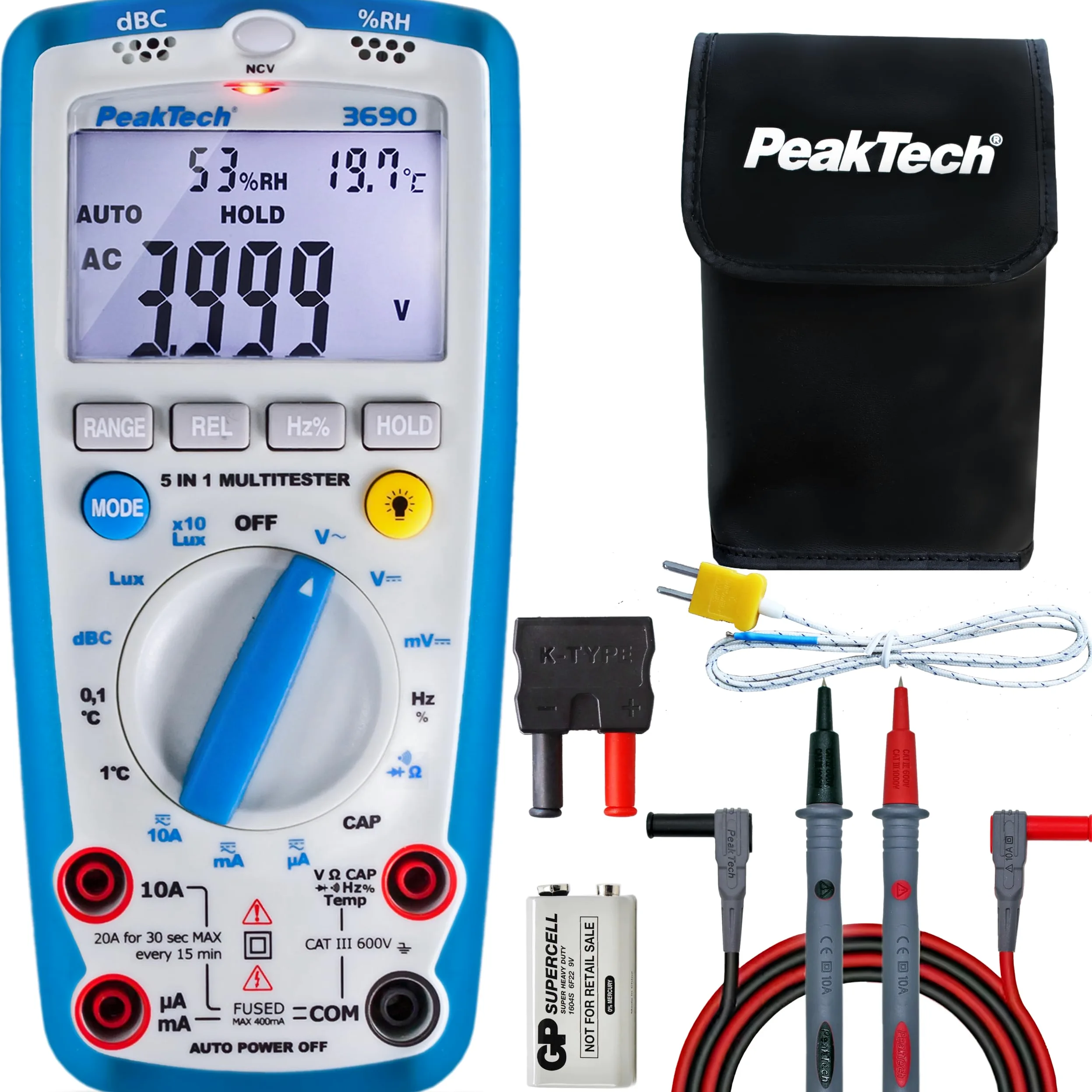 PeakTech P 3690 - Cyfrowy Multimetr ~ 4.000 zliczeń ~ z Miernikiem poziomu dźwięku, temperatury, wilgotności względnej i luksów