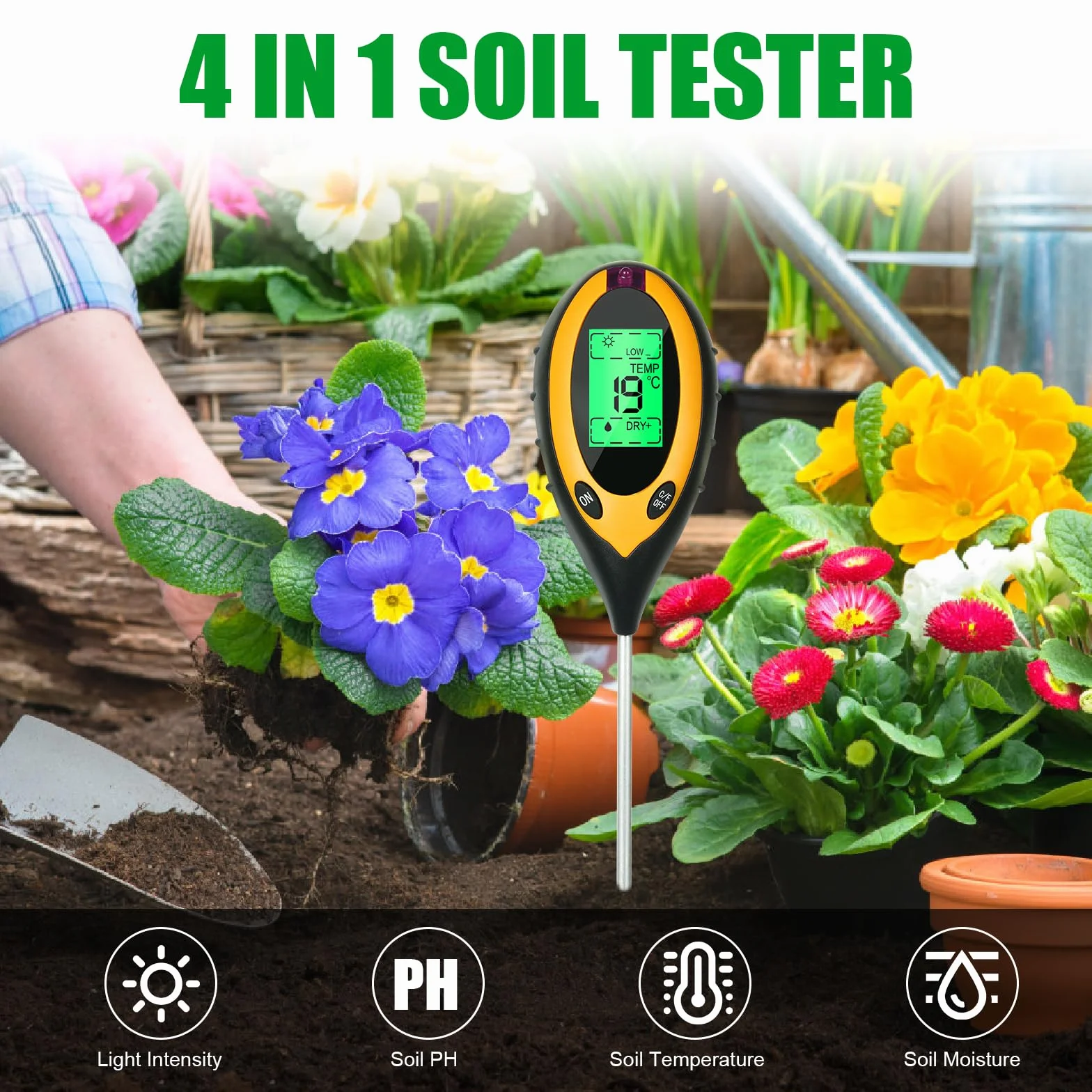flintronic Tester gleby 4 w 1 pH-metr, cyfrowy tester z termometrem do roślin mierzący oświetlenie, temperaturę, PH, wilgotność gleby, miernik wilgotności do ogrodu 4 w 1, tester ziemi