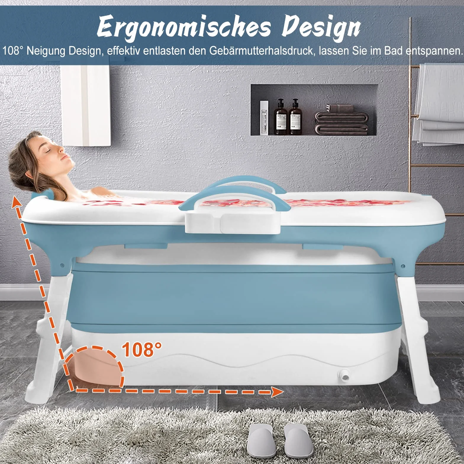 Froadp Składane Wanna Kąpielowe dla Dorosłych Przenośne Wanienki do Kąpieli dla Dzieci z Pokrywą Półką i Poręczami Wanny Wolnostojąca do Łazienki i na Zewnątrz Prysznicem (118x60x53cm)