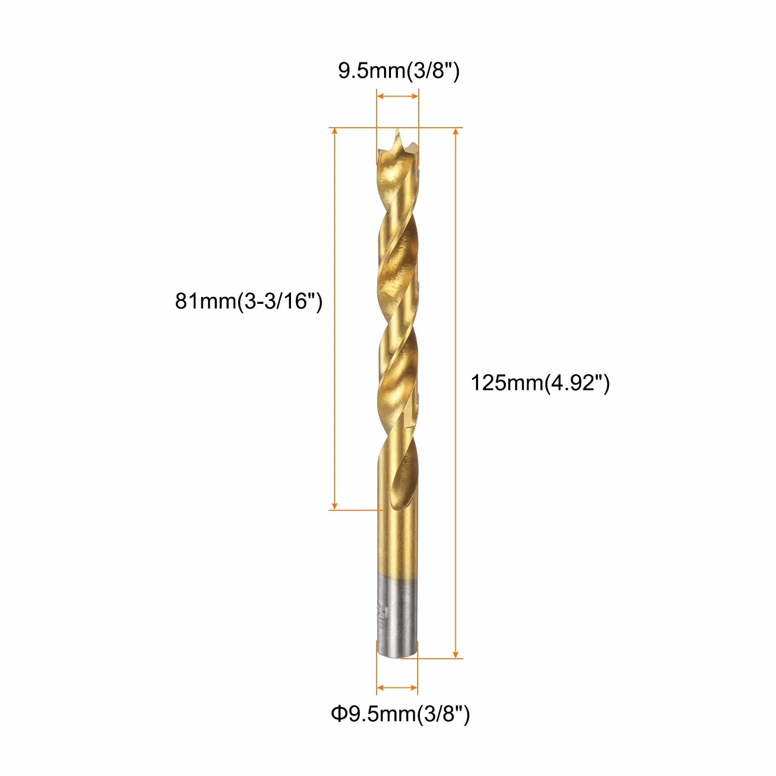 QUARKZMAN Wiertło Brad Point 9,5 mm (3/8") Dia prosty okrągły trzpień wiertło metryczne Brad Point spiralne wiertło spiralne do stolarza do obróbki drewna gumy, złoty