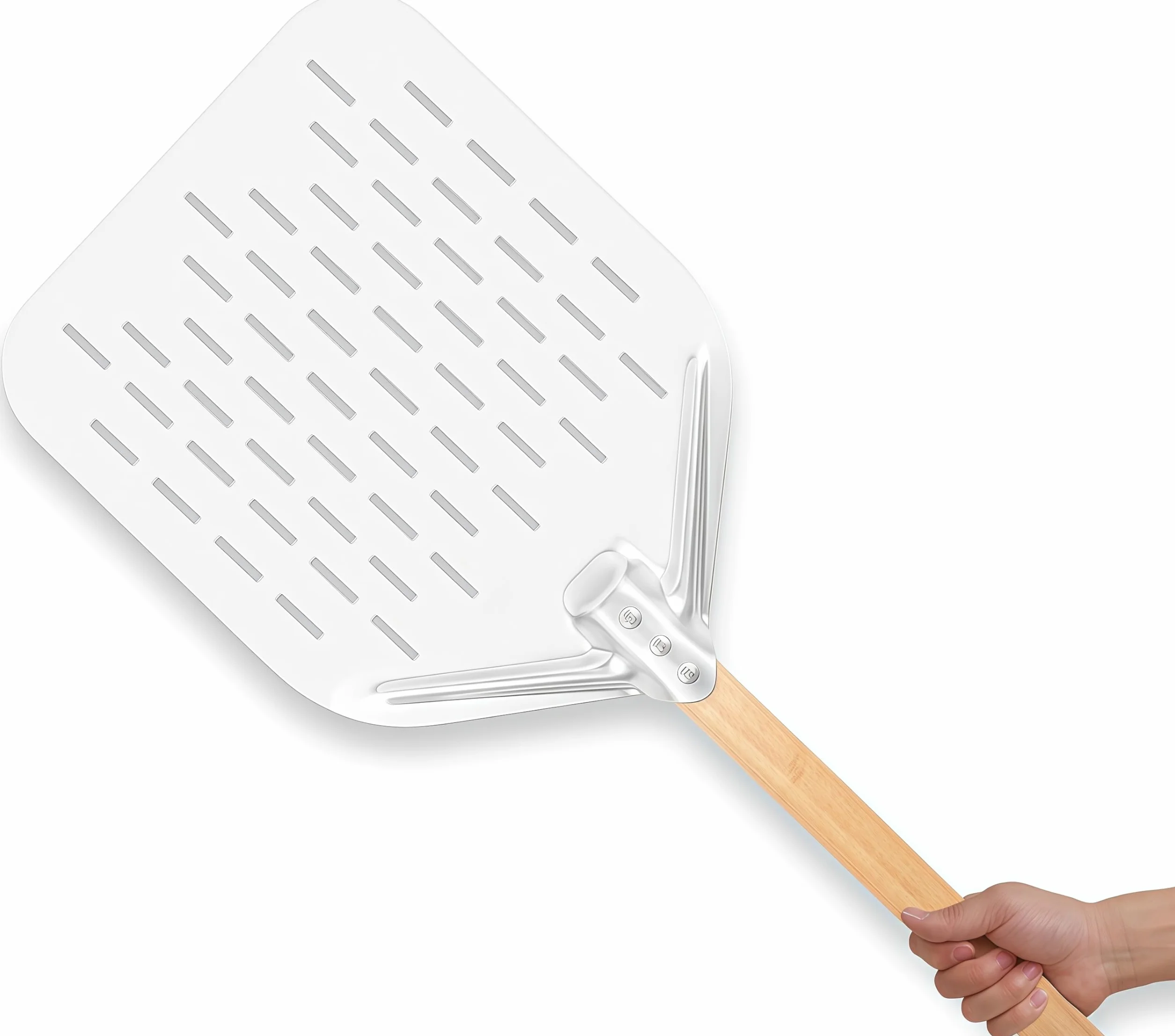 Łopatka do pizzy perforowana aluminiowa 39,5 x 30 x 2 cm ze zdejmowanym drewnianym uchwytem