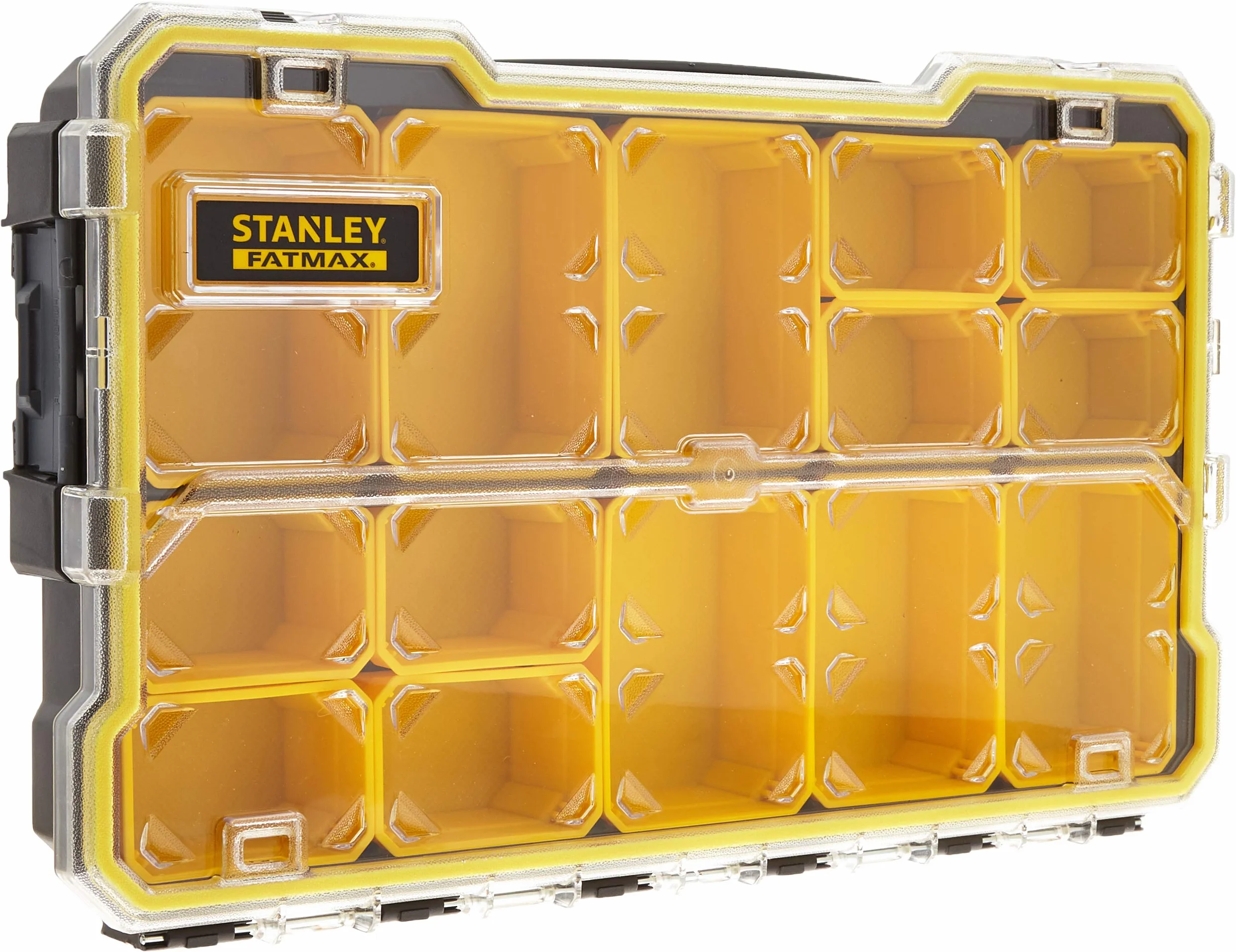 Stanley Torba Narzędziowa, Czarny/Żółty, 19.02 x 11.22 x 13.39 cm & Stanley Fmst1-75779 Profi 2/3 Range FatMax - Przezroczysta pokrywa - Plastikowe klipsy - Wodoodporna - Ip53 - Bez uchwytów
