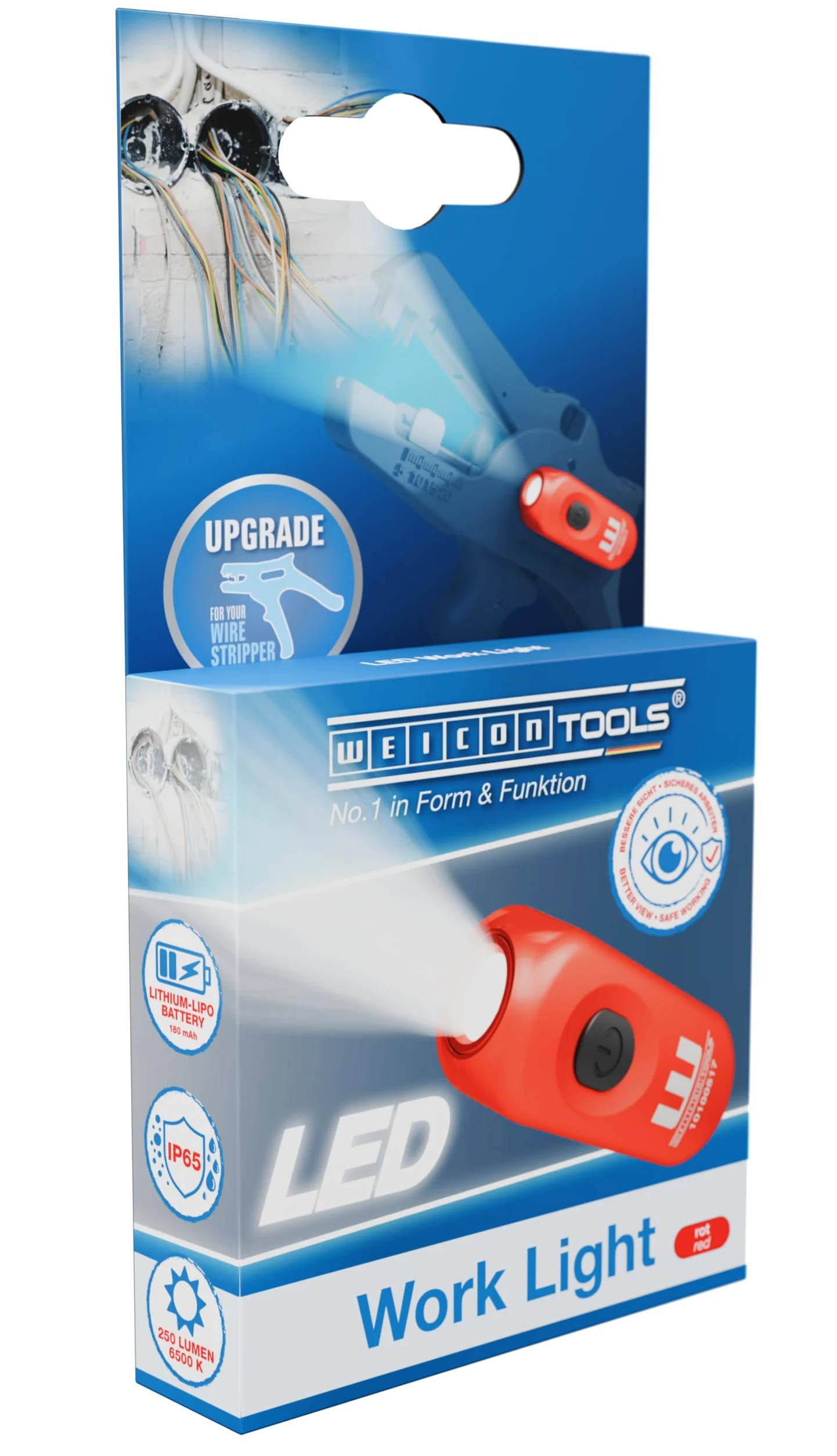 WEICON TOOLS LED, lampa robocza do ściągacza izolacji, regulacja jasności (3 poziomy), ładowanie USB C, klasa energetyczna A+, czerwona