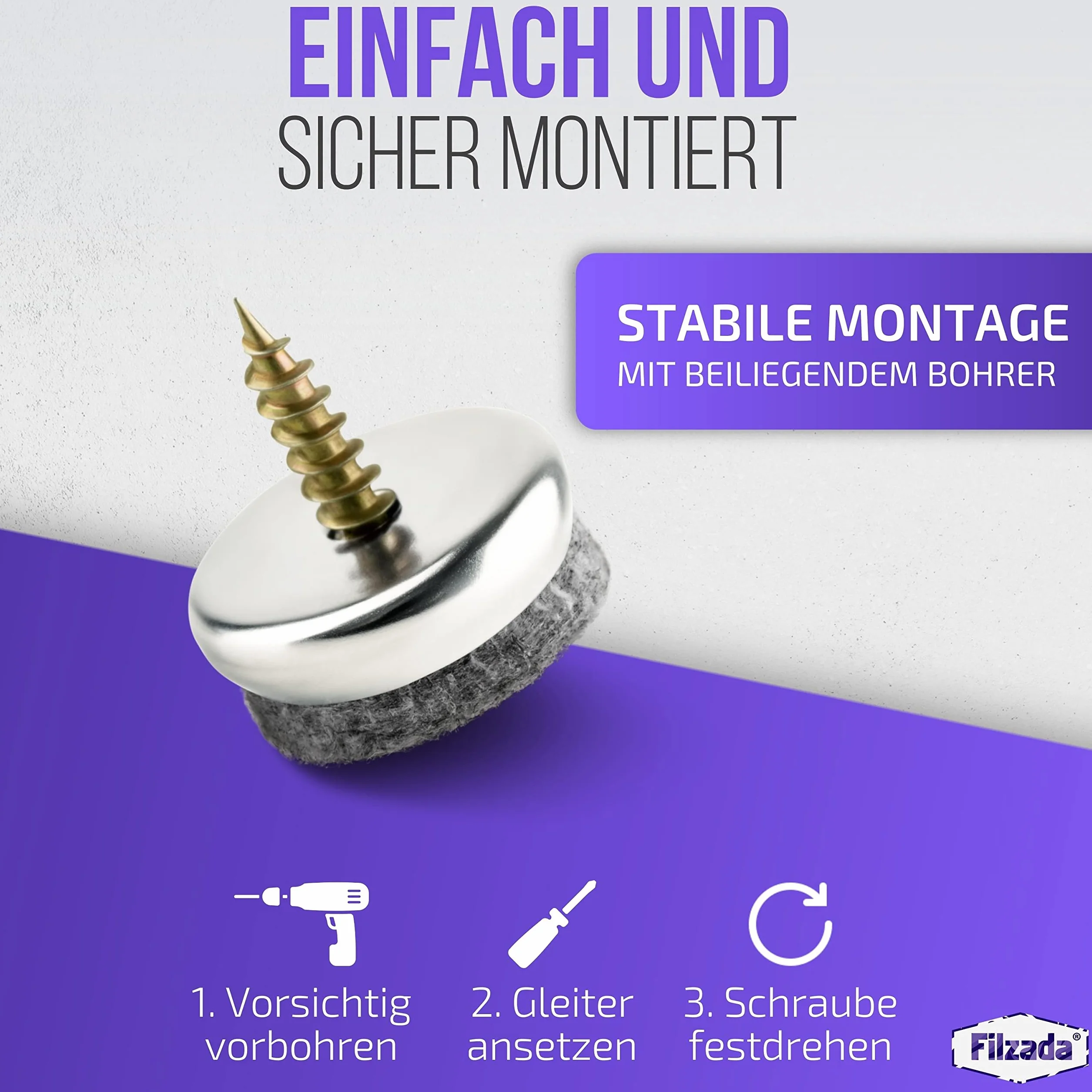 Filzada® 20x wkręty do ślizgaczy filcowych - Ø 22 mm - profesjonalny ślizgacz do krzeseł/ochraniacz nóg krzeseł filcowy z wkrętem - wiertło w zestawie