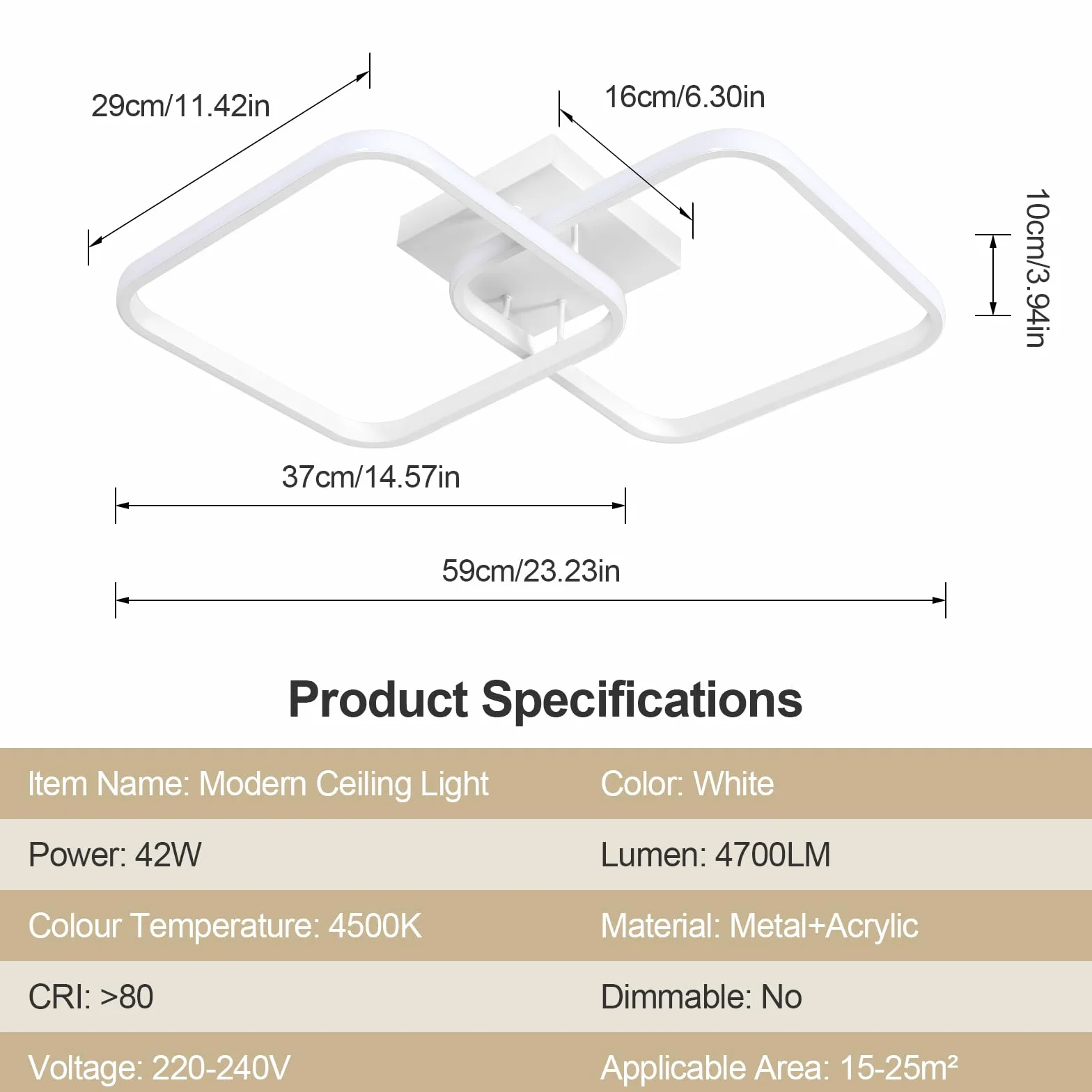 Comely Plafon LED 42W 4725LM, Kwadratowa Oprawa Sufitowa Światło Naturalne 4500K, Nowoczesny Akrylowy Plafon Salonowy Do Salonu Sypialni Kuchni Korytarza Łazienki, 64cm, Biały