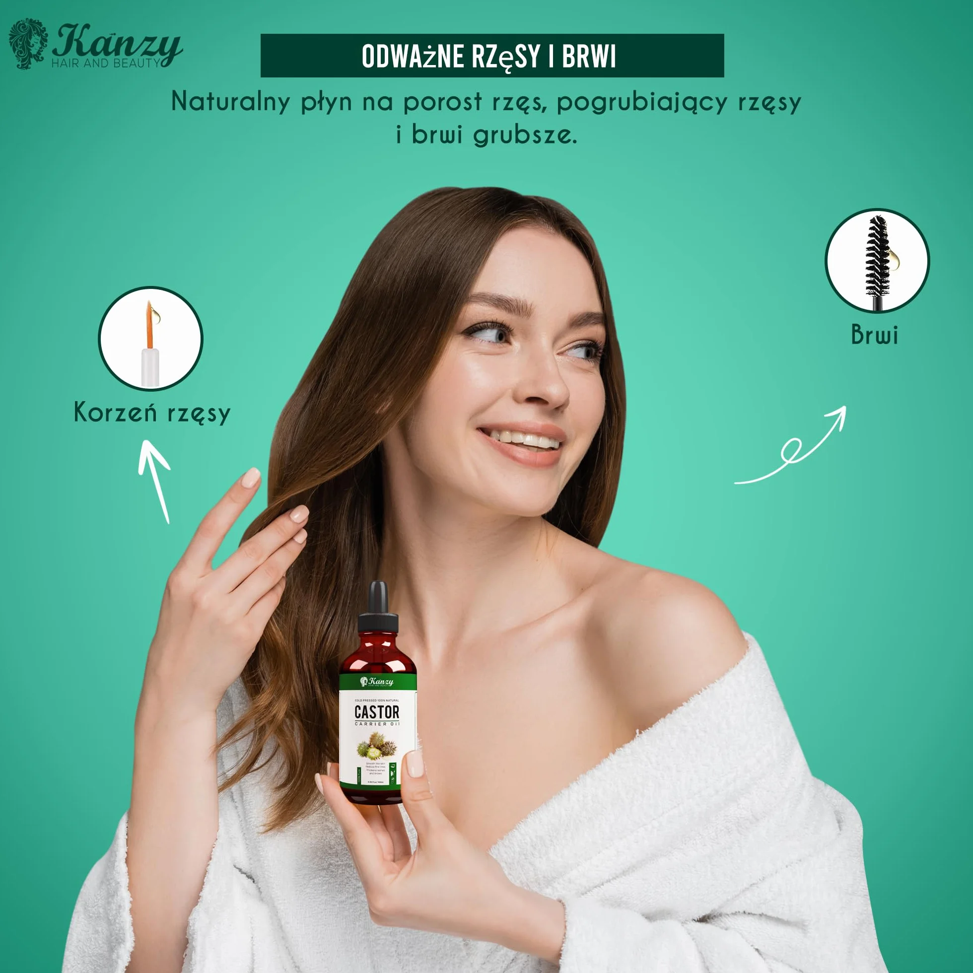 Kanzy Castor Oil do Rzęs i Brwi 100ml Czysty Organiczny Olej Rycynowy na Porost Włosów Broda, Paznokcie Ciało i Twarz Naturalny Olej Rycynowy Tłoczony na Zimno z Aplikatorami Castor oil