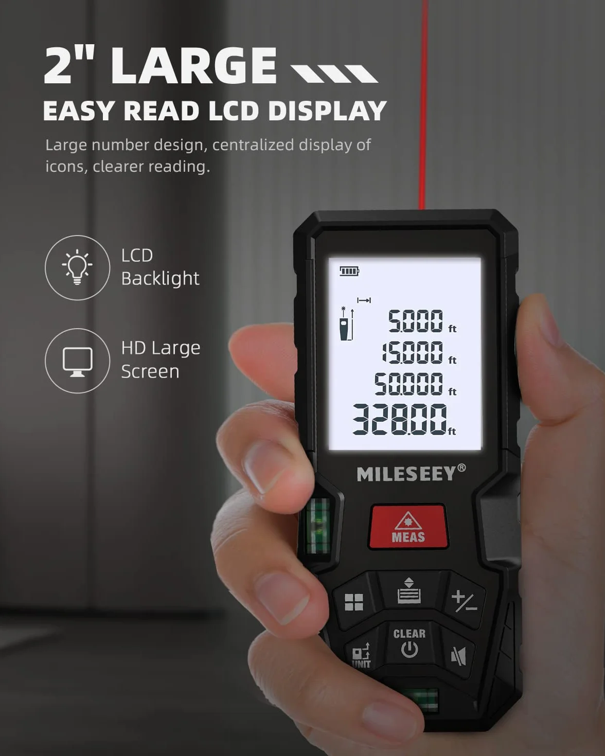 Dalmierz laserowy, MiLESEEY 100m Laser Meter z 2 poziomami pęcherzyków, dokładność±2mm, podświetlany ekran LCD i tryb Pitagoras, mierzy odległość, powierzchnię i objętość (D5T-100M)