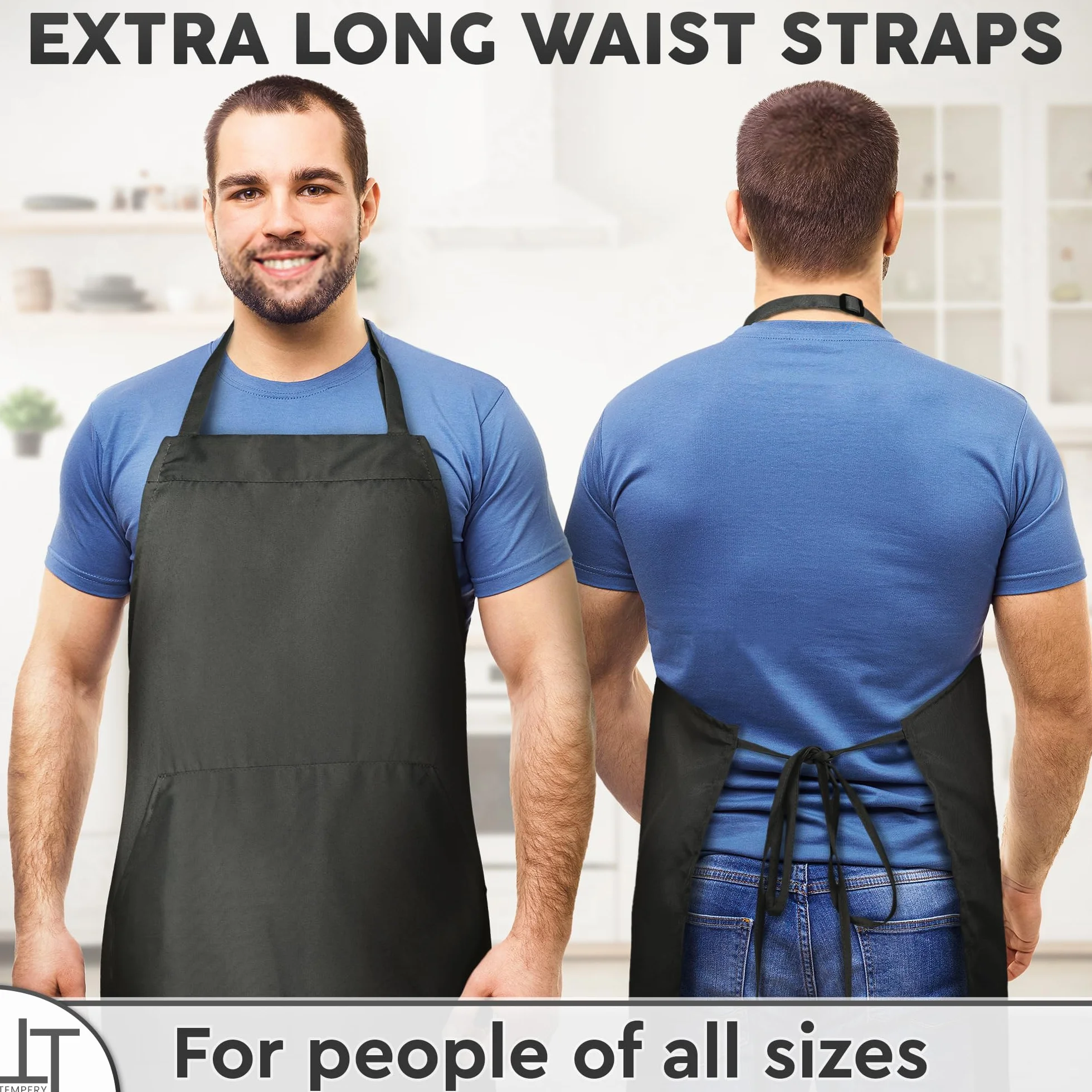 Adjustable Black Kitchen Apron for Men & Women - 80% Polyester 20% Cotton with Large Pocket