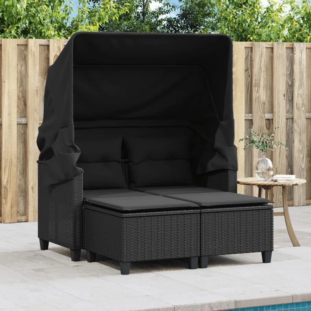 vidaXL 2-os. sofa ogrodowa z daszkiem i podnóżkami, czarna, rattan PE