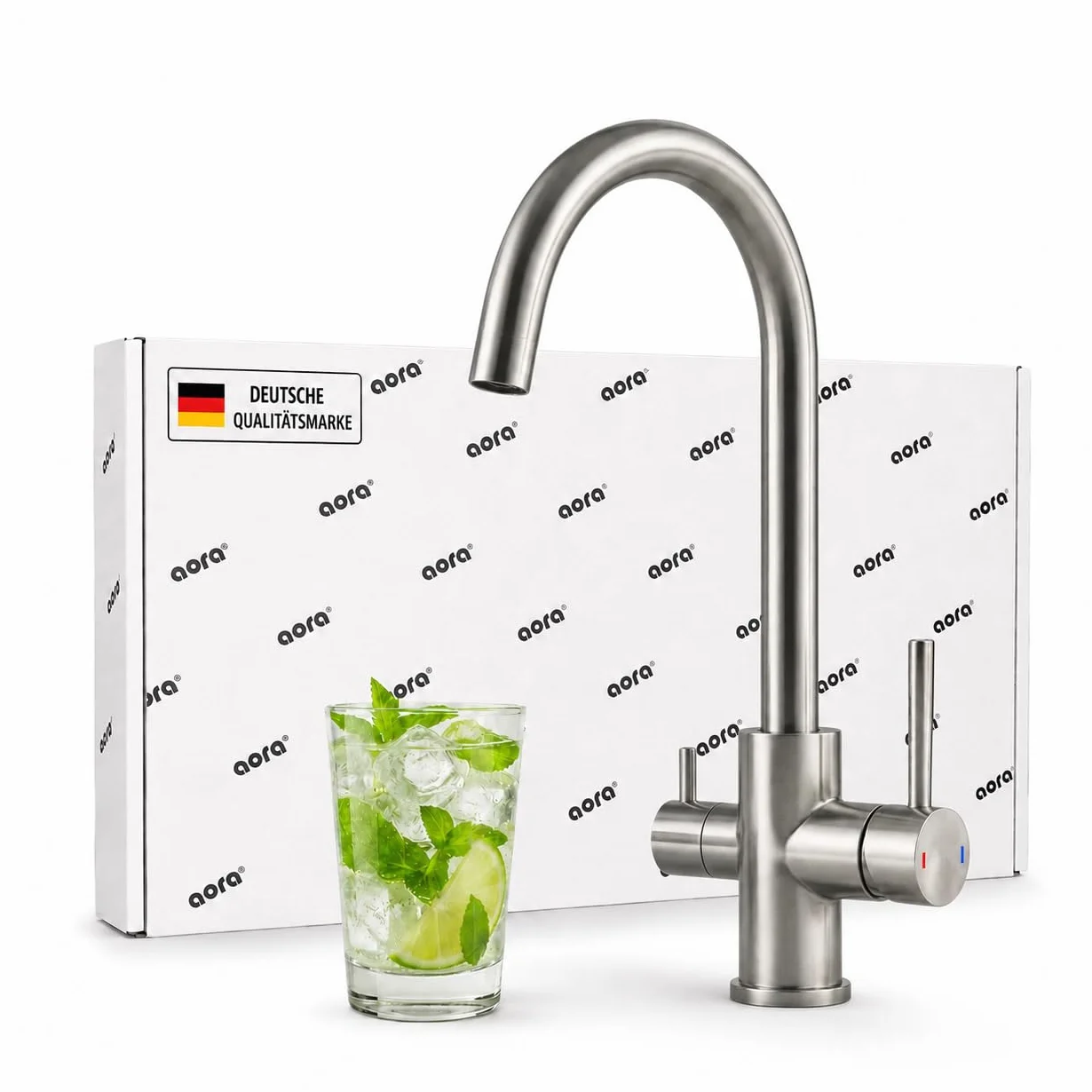 AORA VANTO INOX 3-drożny kran ze stali nierdzewnej, masywny, armatura kuchenna do filtra wody i instalacji osmozy, obracana o 360°, armatura zlewozmywakowa z oddzielnymi przewodami, kran z filtrem