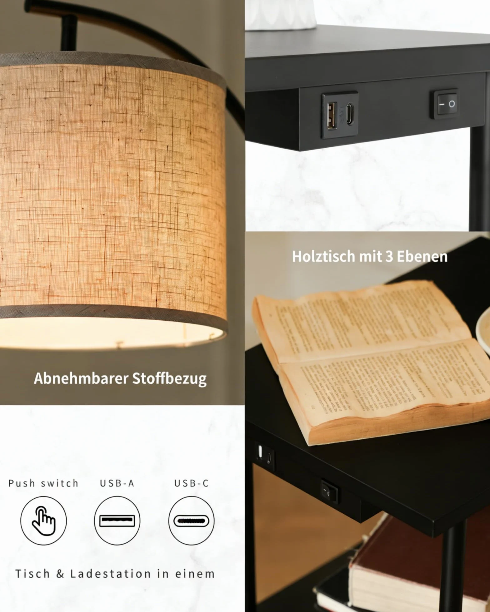 Lampa podłogowa z 3-poziomową półką, porty ładowania USB typu C do salonu, sypialni i biura, bez żarówki