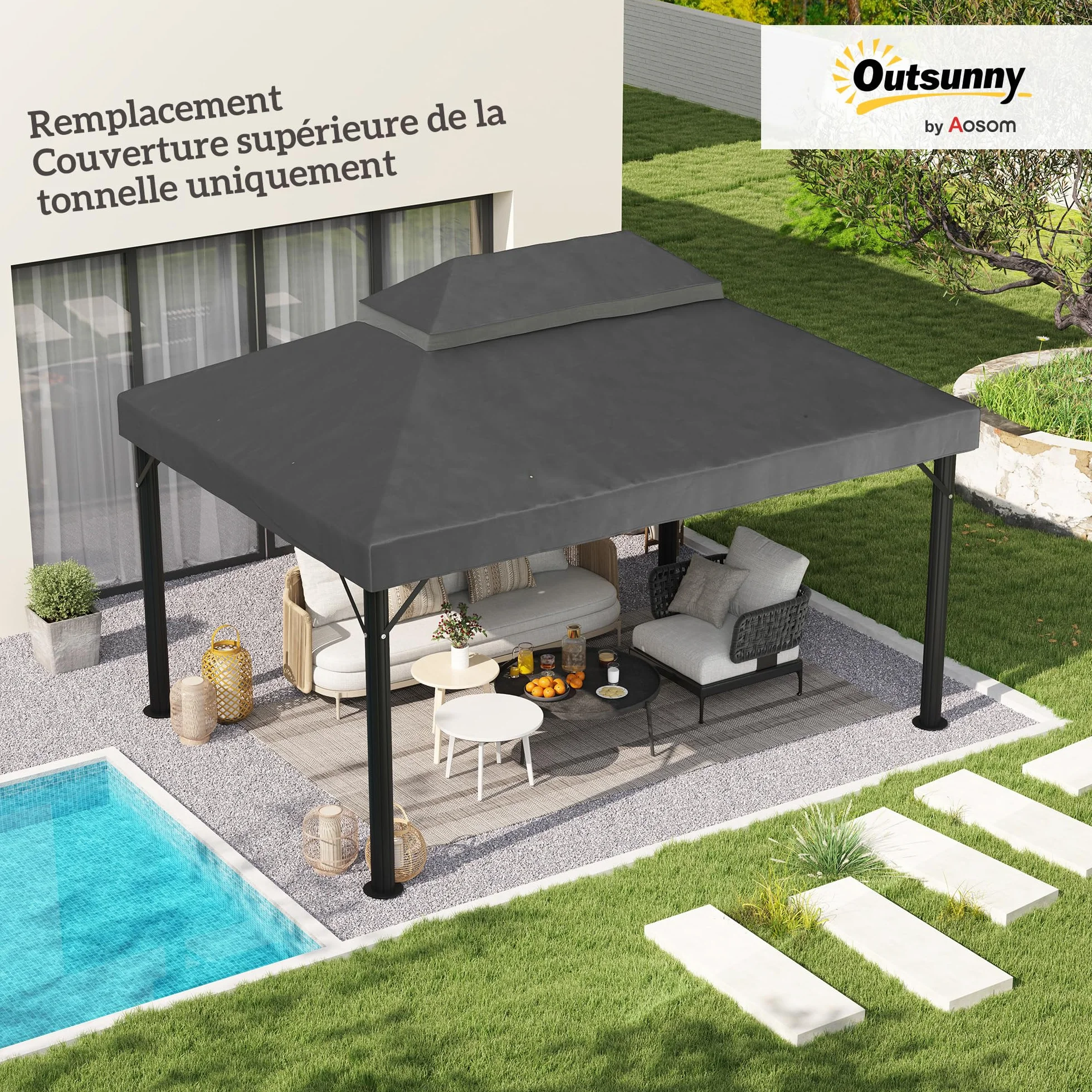 Outsunny Płótno zastępcze do pawilonu 4x3 m podwójny dach poliester 370 g/m² UPF30+ ciemnoszary
