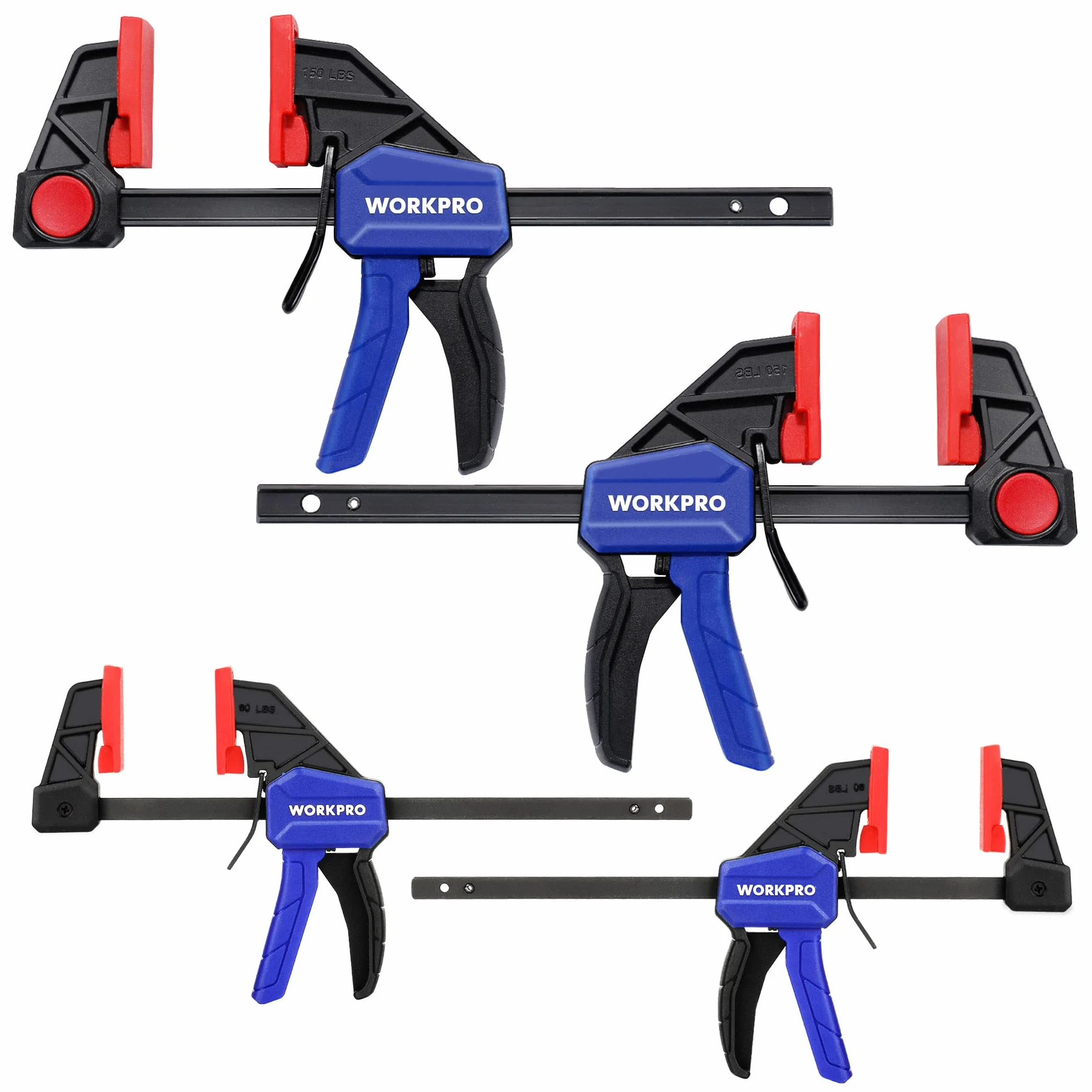 WORKPRO 4-częściowe zaciski do obróbki drewna, 150 mm x 2 i 120 mm x2, zacisk/rozrzutnik jednoręczny, zestaw zacisków do drewna, lekka szybka wymiana zacisków F 23/68 kg