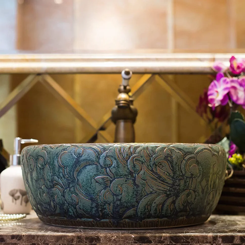 Umywalka Ceramiczna Nablatowa W Stylu Retro, Okrągła, Ręcznie Robiona, Umywalka Łazienkowa, Umywalka Artystyczna, Gładka Wewnętrzna Ścianka, Łatwa Do Czyszczenia, 40 Cm /