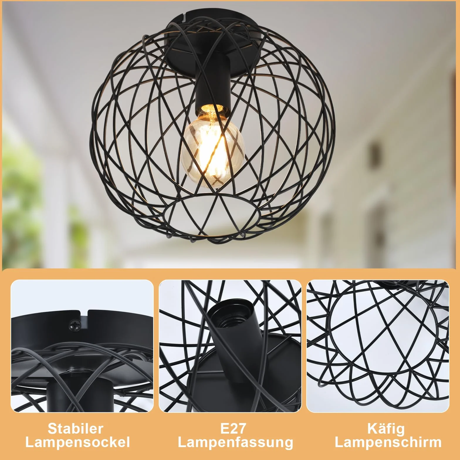 Glitzerlife Lampa sufitowa czarna lampa do korytarza industrialna 3ER | Lampa sufitowa E27 Vintage 1 płomień okrągły retro metalowy klosz lampa w kształcie klatki kratka jadalnia salon kuchnia