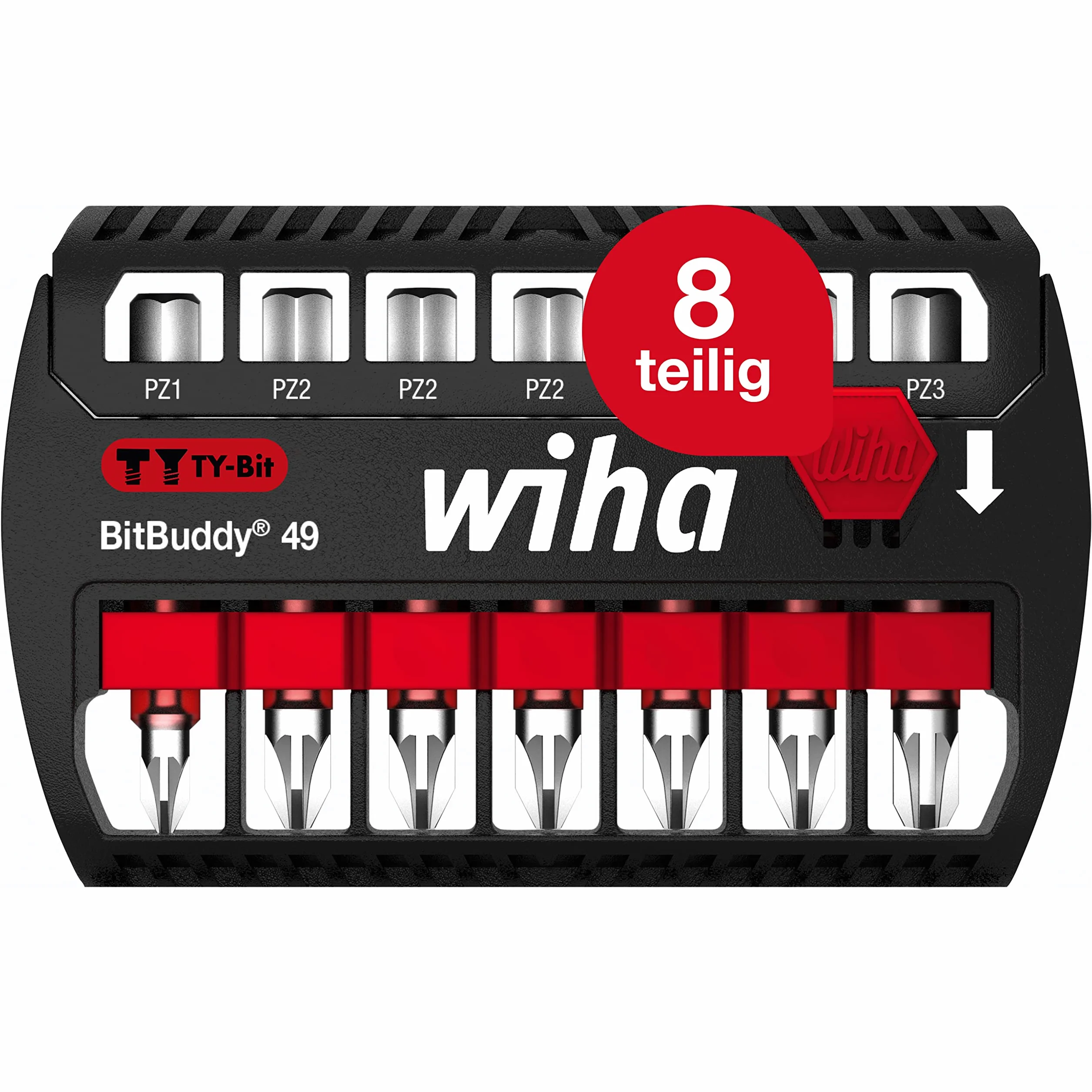 Wiha Zestaw bitów BitBuddy 8-częściowy I Bit Y 49 mm 1/4" E6,3 I Pozidriv I Akcesoria do zastosowań śrubowych I Przystosowany do wkrętarek udarowych i udarowych (42099)