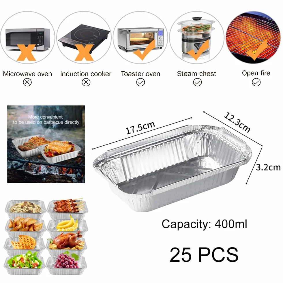 Miseczki aluminiowe，Aluminiowe tacki do grilla, tacki ociekowe, tacki do grillowania – 25 sztuk jednorazowych misek z folii aluminiowej, pasują do pieczenia, smażenia, gotowania