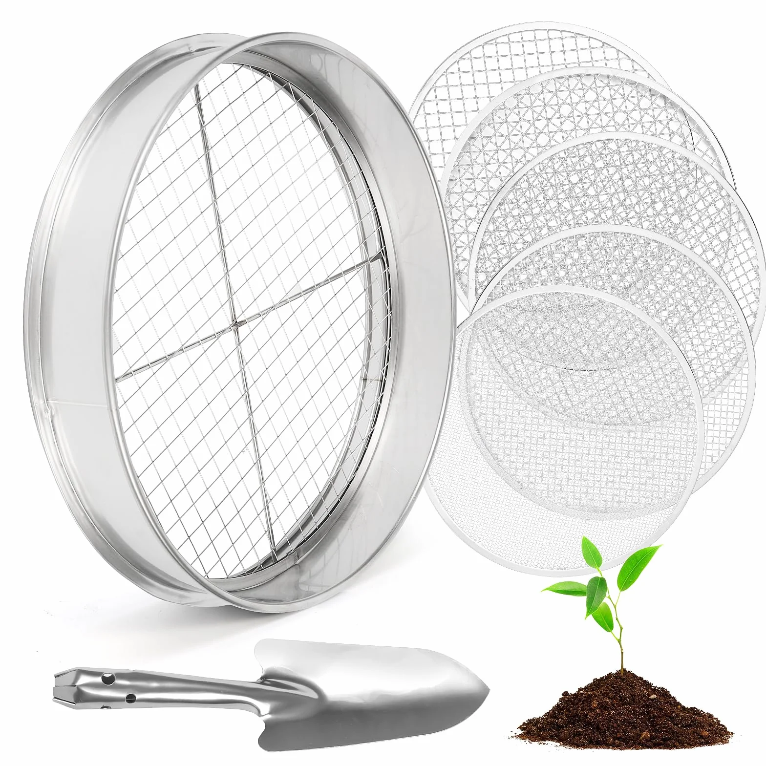 Sitko do kompostu ze stali nierdzewnej 30 cm 5 sitek wymiennych 3-12 mm srebrny
