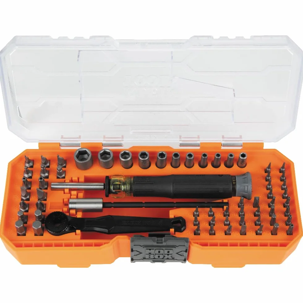 Klein Tools 32787 64-częściowy zestaw precyzyjnych końcówek z mikrogrzechotką z obudową modułową, magnetyczne, precyzyjne, standardowe bity i wkrętaki do nakrętek