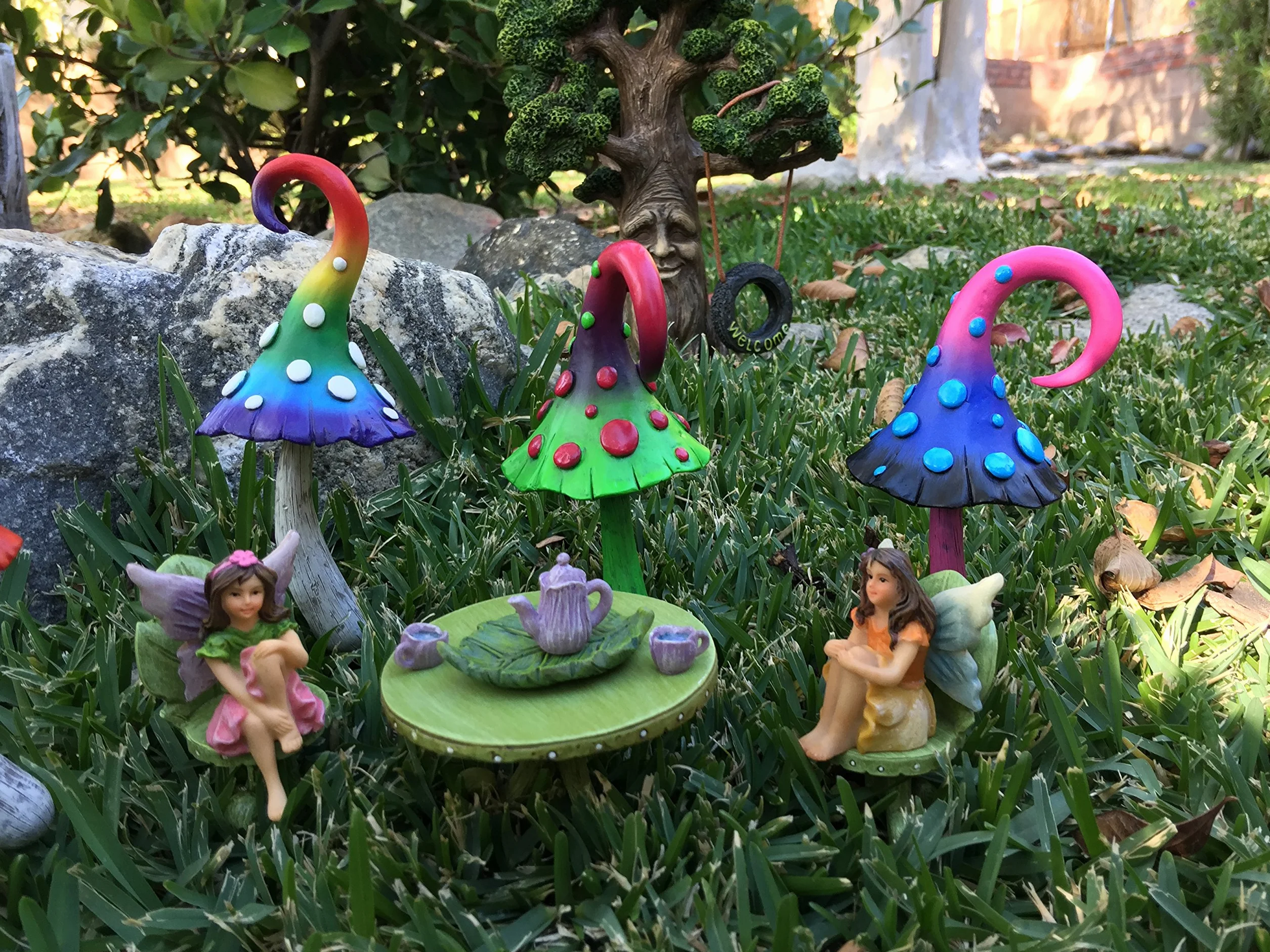 GlitZGlam Miniature Fairy Garden Zestaw Mebli Ogrodowych Bistro Liść Z Zestawem Do Herbaty