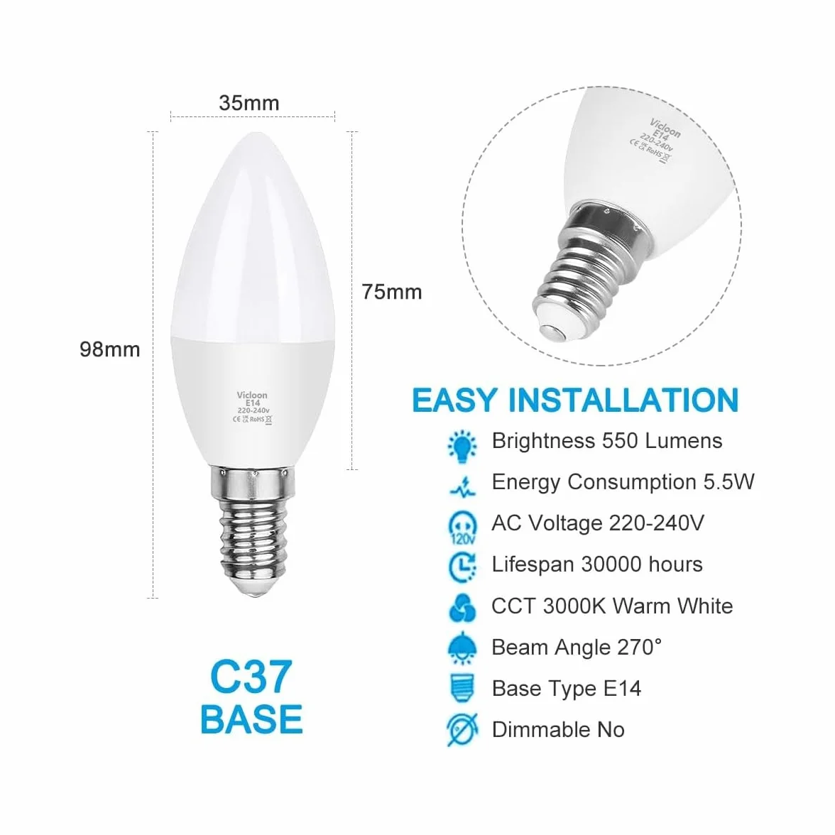 Vicloon Żarówka LED E14, 5,5 W, 550 lm, 3000 K, ciepła biel, żarówka LED C37 zastępuje żarówkę halogenową 50 W, AC 220-240 V, kąt świecenia 270°, bez możliwości ściemniania E14