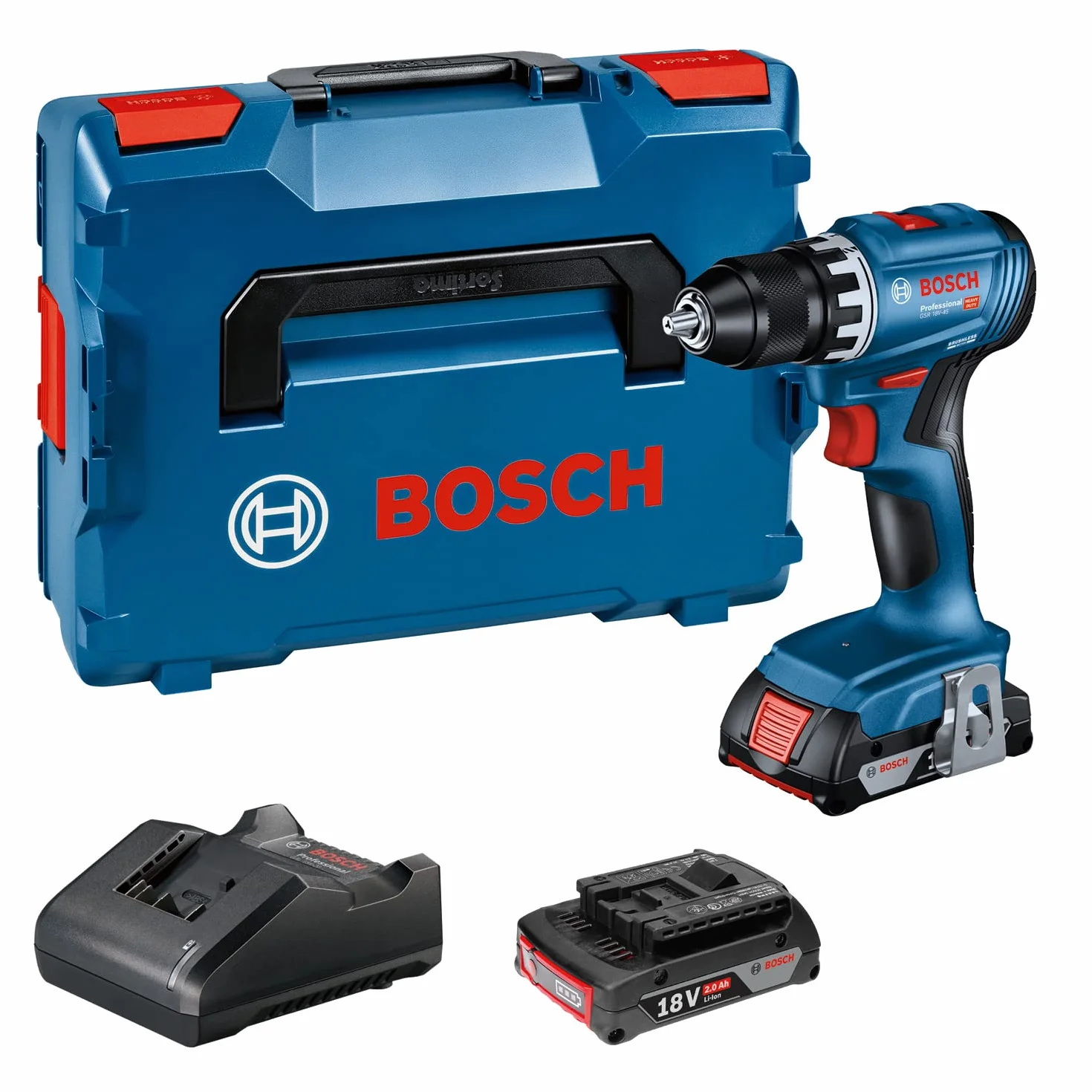 Bosch Professional 06019K3203 Akumulatorowa wiertarko-wkrętarka systemowa 18 V GSR 18 V-45 (prędkość obrotowa 1900 min.), 2 x akumulatory 2,0 Ah, ładowarka GAL 18V-20, w L-BOXX)