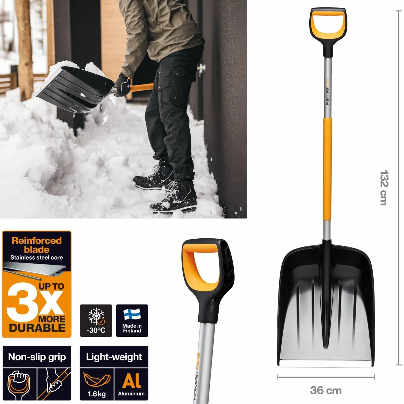 Fiskars Łopata do śniegu do małych i dużych ilości śniegu, seria X, długość: 132 cm, aluminium/polimer, czarny/pomarańczowy/szary, 1057177