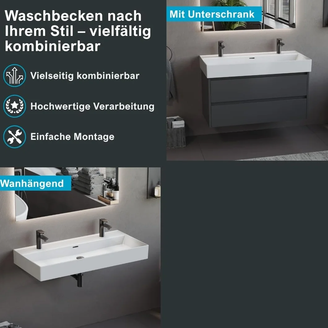 Aqua Bagno podwójna umywalka ceramiczna 100 cm biała – prostokątna, 2 otwory na baterię, nowoczesny design, montaż ścienny lub na meblu