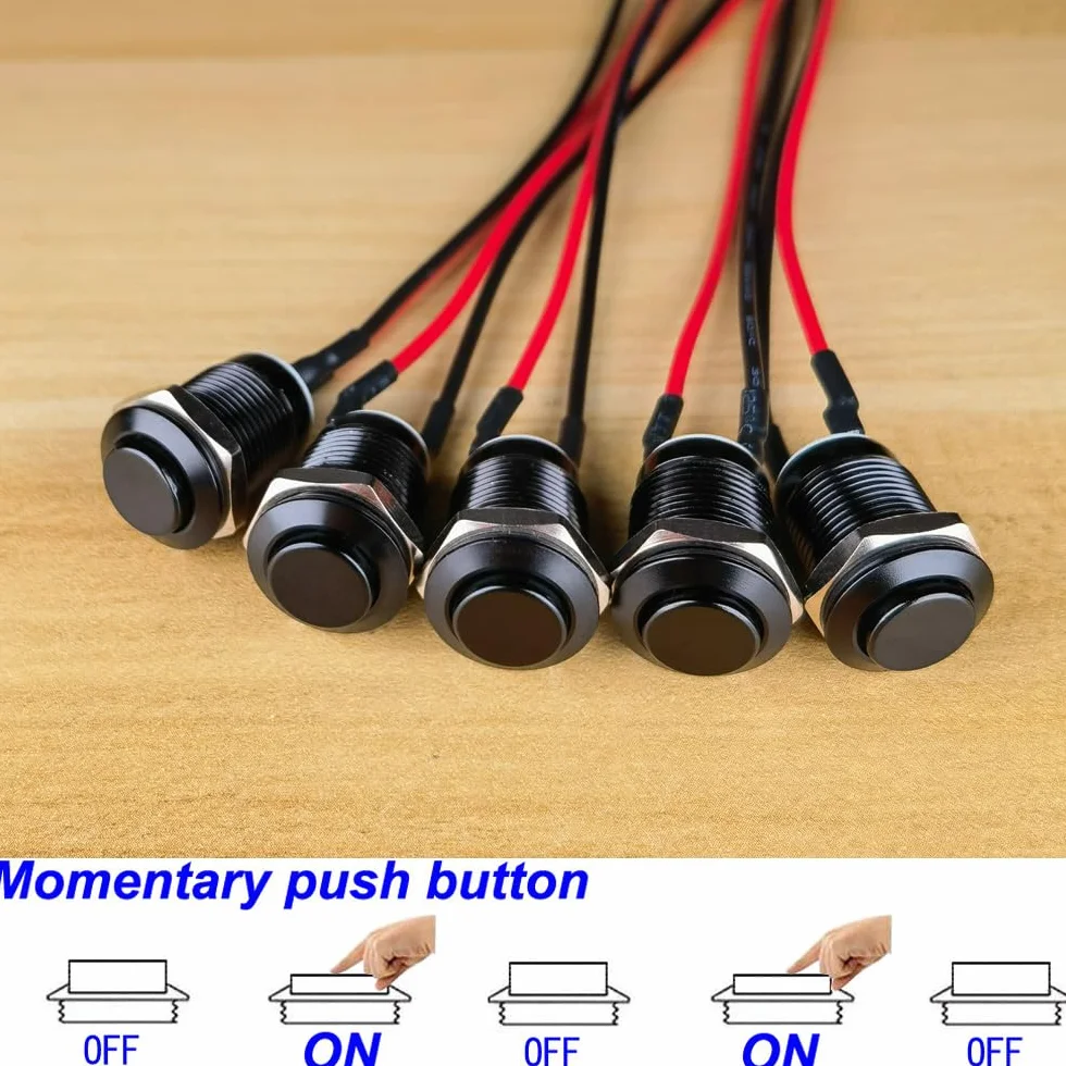 Gebildet 5 sztuk Wstępnie Okablowanych, Wodoszczelny Przycisk IP65, Przycisk Chwilowy ze Stopu Aluminium, wł./wył., 12mm, 2A, 12V/24V/125V/250V AC (wysoka głowica)