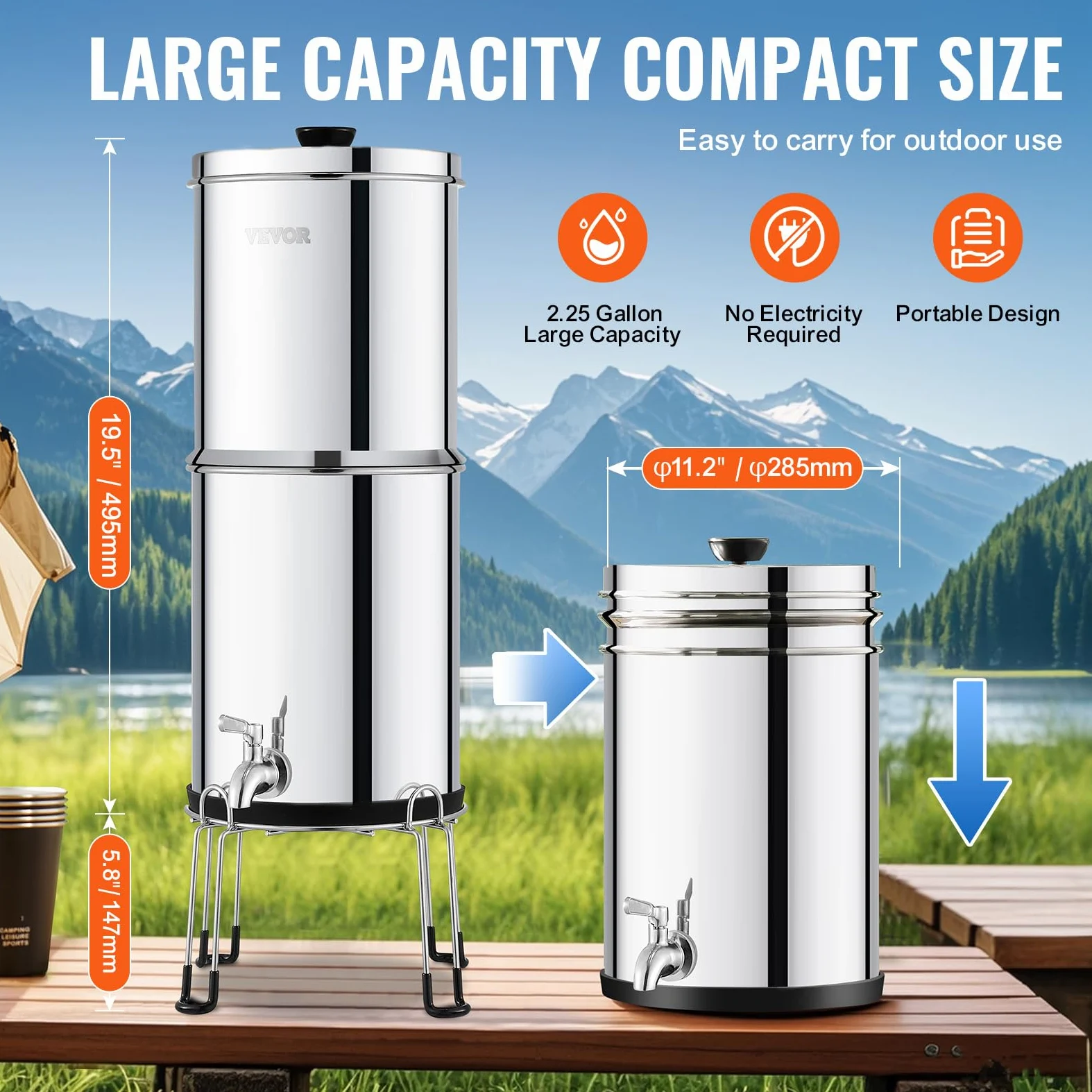 VEVOR System filtracji wody grawitacyjnej, system filtracji wody na blacie ze stali nierdzewnej 2,25G 304, redukuje ołów i do 99% chloru, z 2 ceramicznymi filtrami węglowymi, czopem i stojakiem
