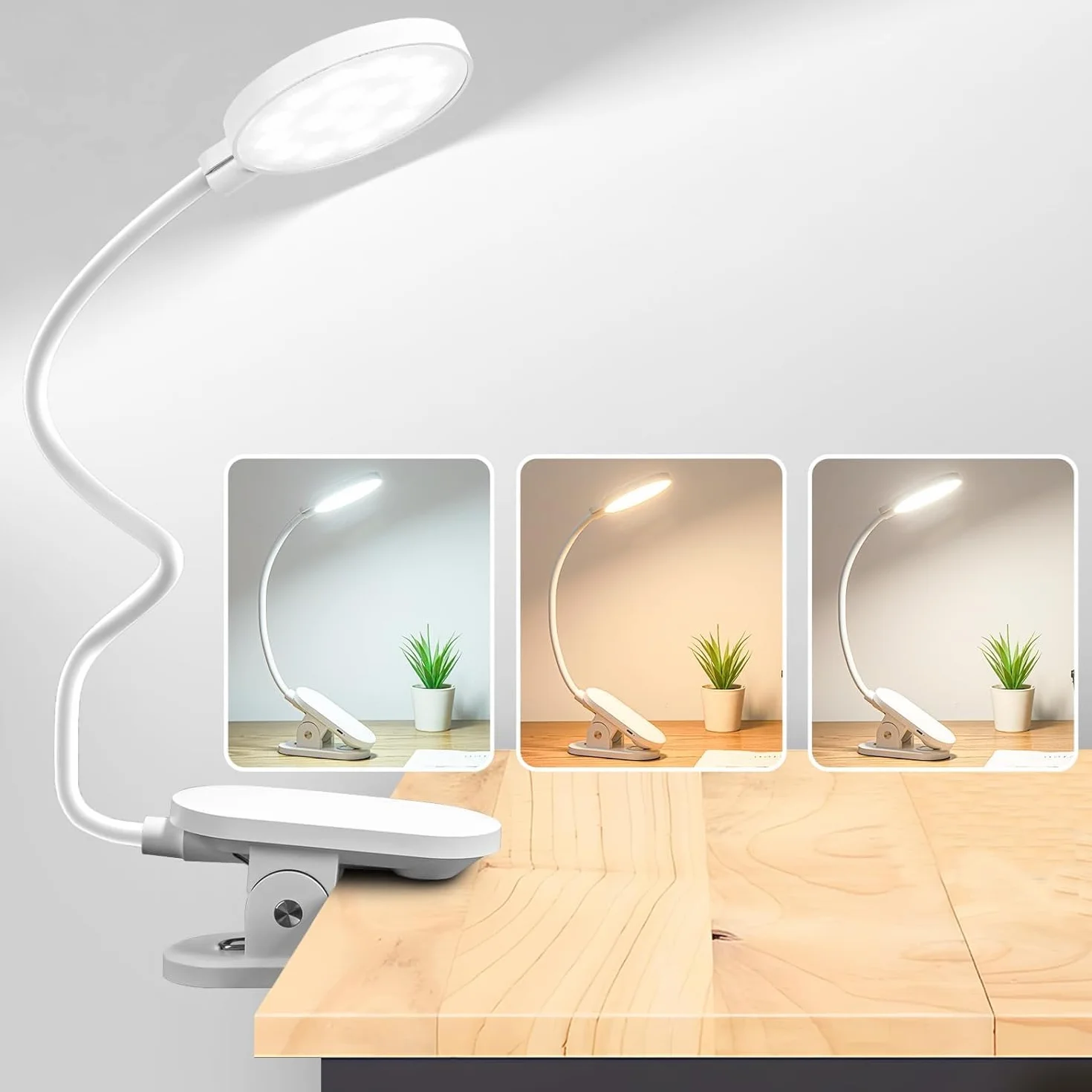 Lampa zaciskowa do łóżka, 360°, elastyczna lampka do czytania, zacisk 3 poziomy jasności, 3 temperatury barwowe, ściemniana lampa na łóżko ze sterowaniem dotykowym, ładowanie baterii przez USB, ochrona oczu, 20 diod LED, lampa zaciskowa na łóżko, lampa bi