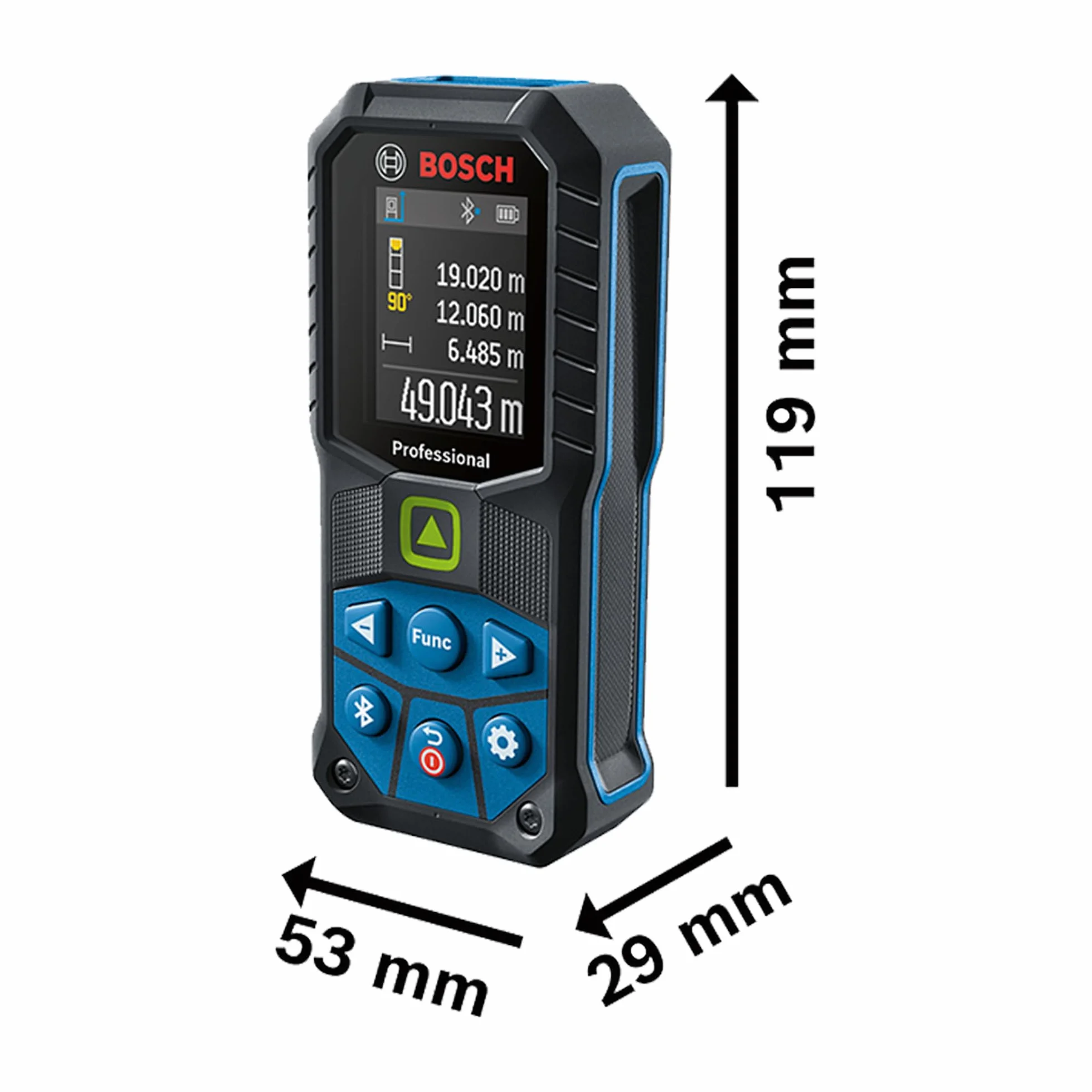 Bosch Professional Dalmierz laserowy GLM 50-27 CG (zielona wiązka laserowa, zasięg: do 50 m, wytrzymały, IP65, transfer danych przez Bluetooth, 2 baterie AA, uchwyt na rękę, pokrowiec)
