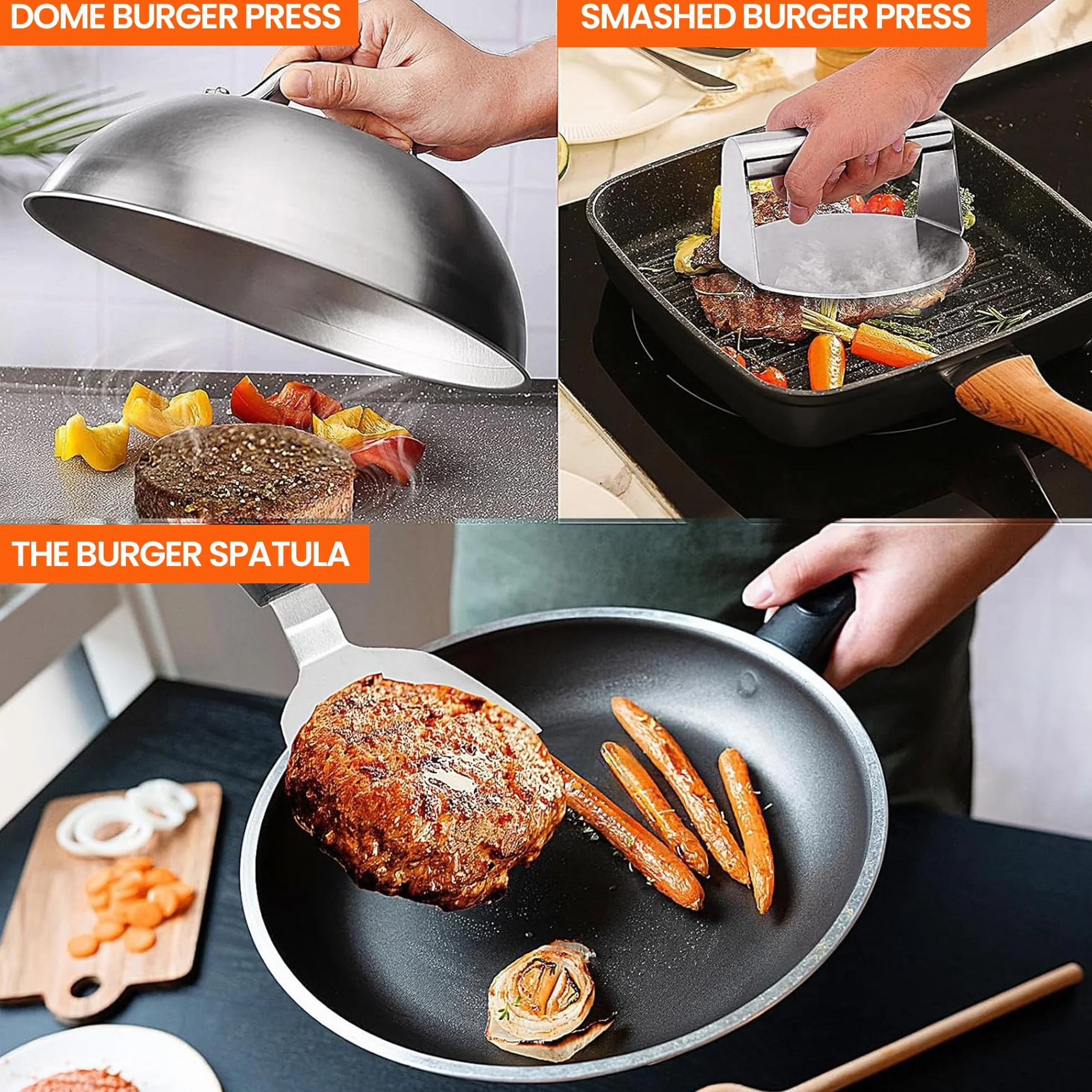 Zestaw prasy do burgerów 4 szt, prasa do hamburgerów z uchwytami odpornymi na ciepło, prasa do mięsa, Smash Burger, grillowanie w domu, zestaw do burgerów, domowy grill, BBQ