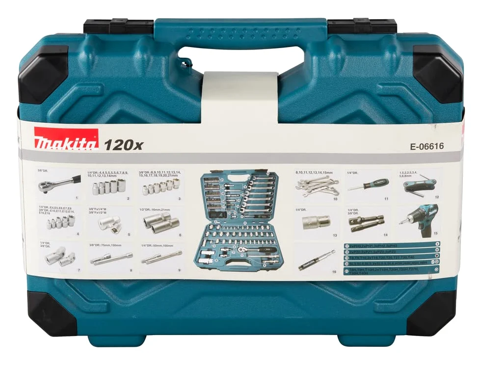 Makita E-06616 Zestaw Narzędzi, Niebieski/Czarny, 120 Elementów & Makita Grzechotka i zestaw Bitów 47-Częściowy, B-36170, Wielokolorowy