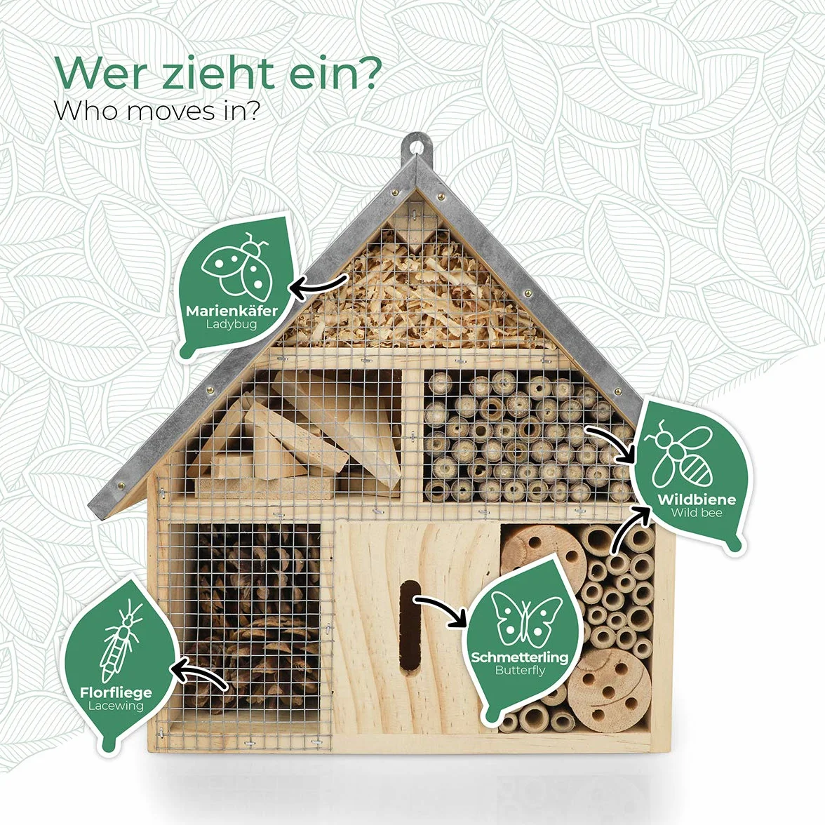 Wildlife Friend Domek dla owadów z naturalnego drewna i metalu do mocowania – idealny dla pszczół, biedronek, motyli – wymiary 25 x 7,5 x 28 cm – metalowy dach