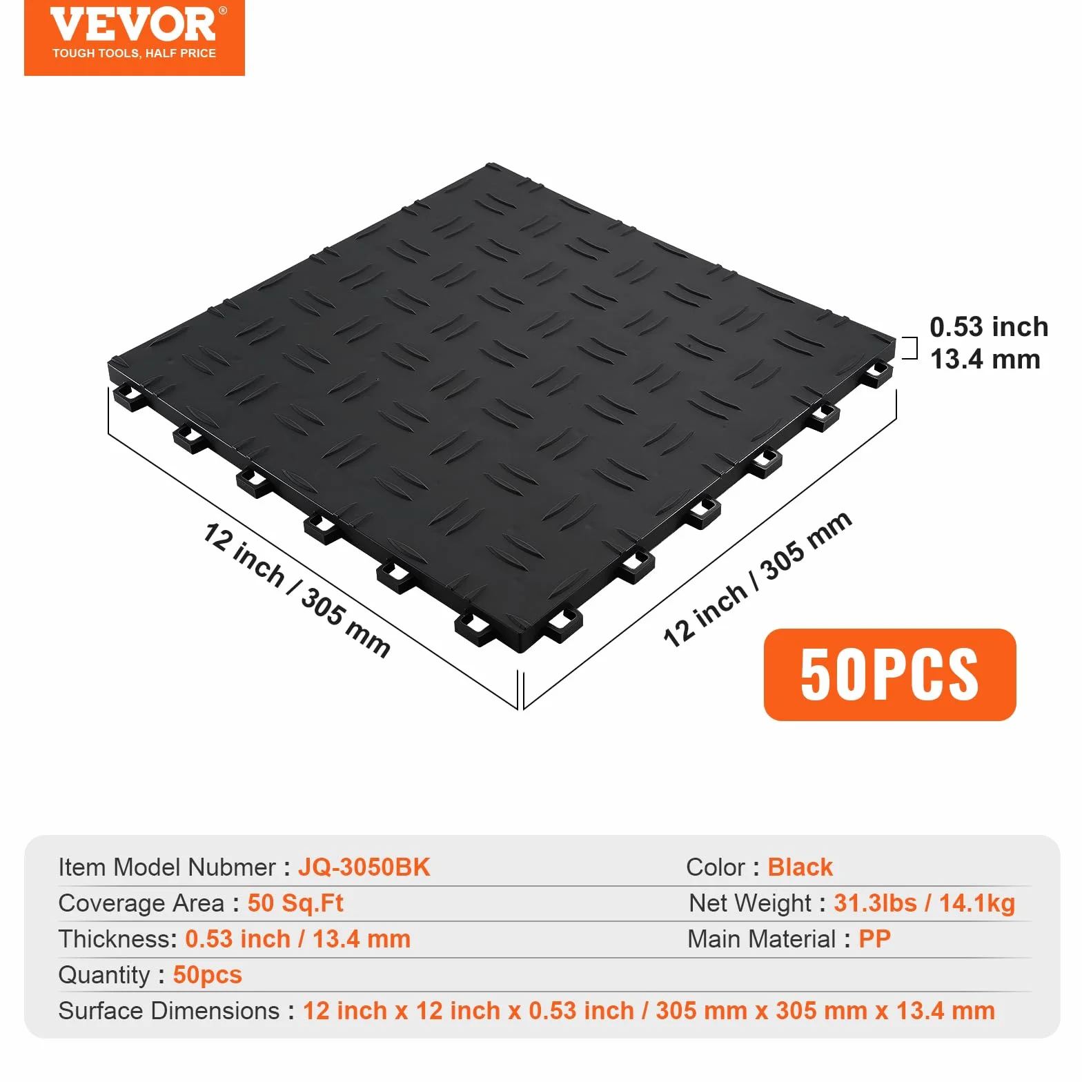 VEVOR Płytki garażowe z blokadą 30x30x1,3 cm 50 szt. antypoślizgowe dwustronne czarne