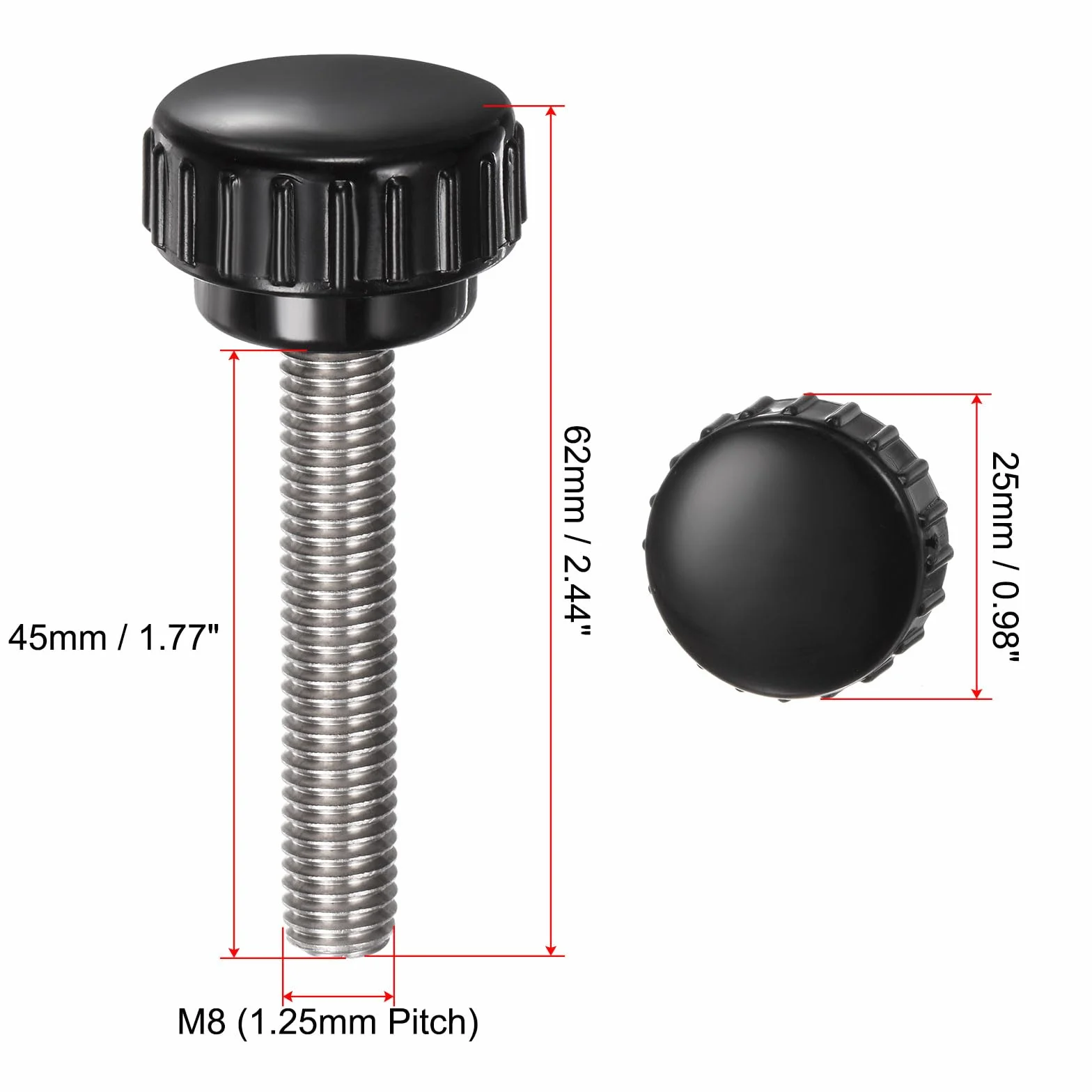 QUARKZMAN 4 sztuki śrub radełkowanych z gwintem M8 x 45 mm x 25 mm śruba z łbem okrągłym ze stali nierdzewnej 304 bolce z uchwytem okrągłym, guziki zaciskowe 25 mm, śruby kciukowe, śruba napinająca do