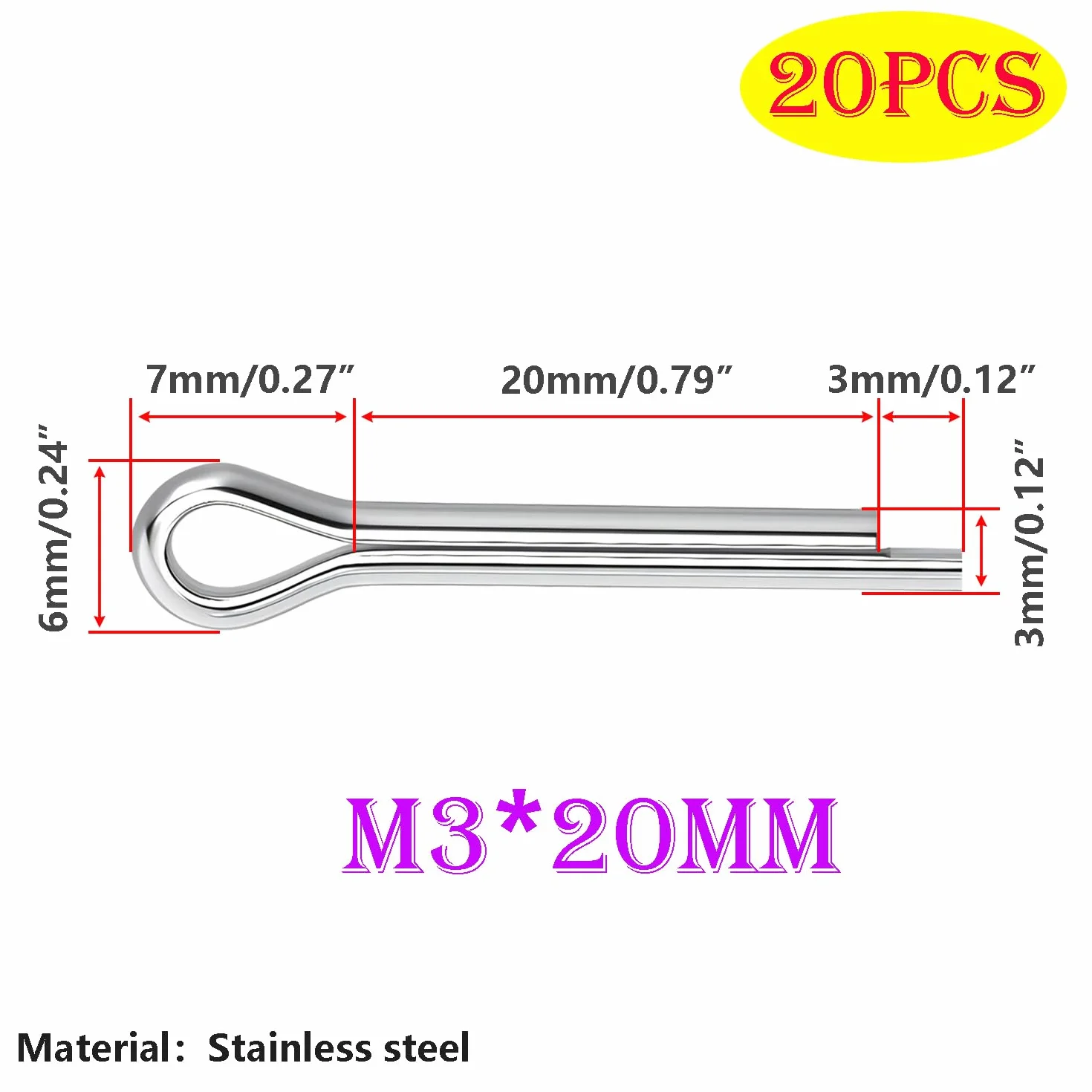 Qrity 20 sztuk zawleczek ze stali nierdzewnej, M3 x 20mm