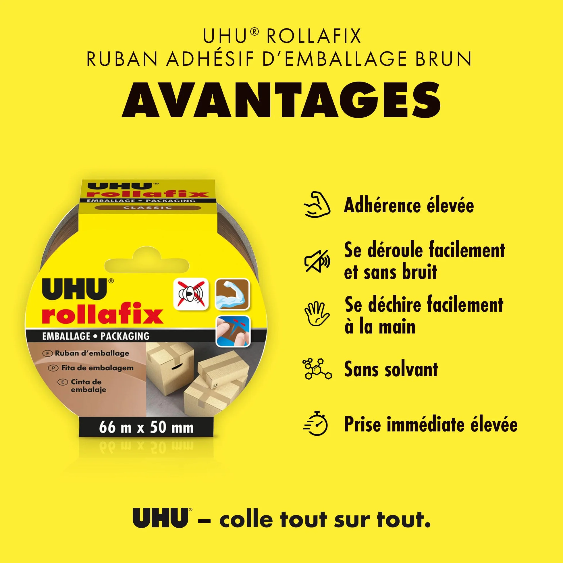UHU Rollafix taśma pakowa, brązowa, 66 m długości x 50 mm szerokości