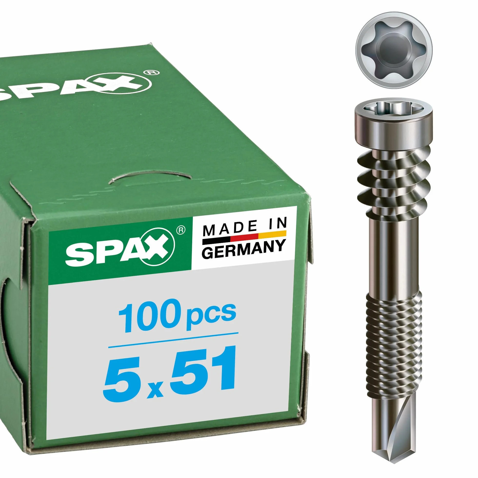 SPAX 557000500513 profilowa śruba wiertnicza 5.0X 51 TX25 stal szlachetna A2 Zawartość: 100 sztuk, srebrna
