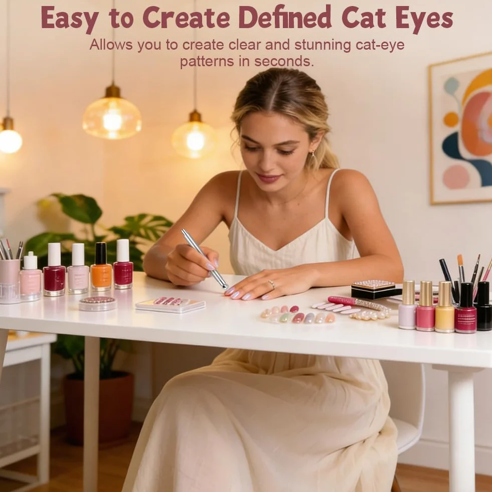 Cateye magnetyczny długopis magnetyczny z żelem Cat Eye w proszku lub lakierem do paznokci, do samodzielnego wykonania, Cateye magnetyczny długopis (srebrny, z okrągłą perłą magnetyczną)