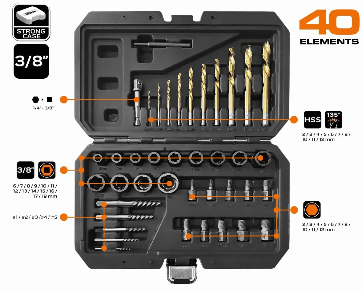 NEO TOOLS 40-częściowy zestaw wykrętaków śrubowych: CRV/CRMO/S2, wiertło do metalu, klucze nasadowe, nadają się do wkrętarki udarowej, wytrzymała walizka, idealna do warsztatu i majsterkowiczów