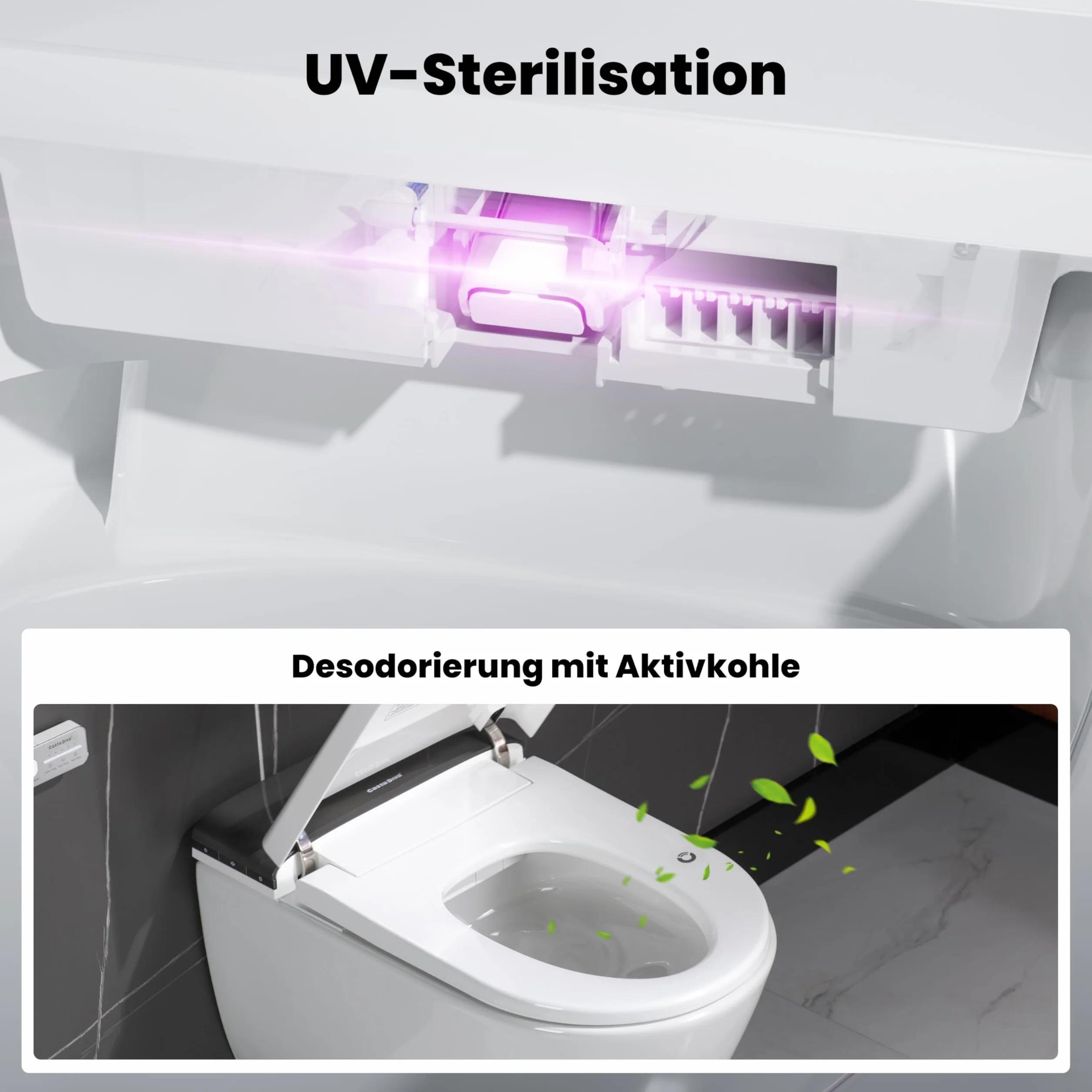 Casta Diva WC z bidetem kompletny zestaw z UV-sterylizacją, wiszące WC z funkcją bidetu, podgrzewane siedzenie, funkcja odkamieniania i neutralizacji zapachów, automatyczne otwieranie i zamykanie